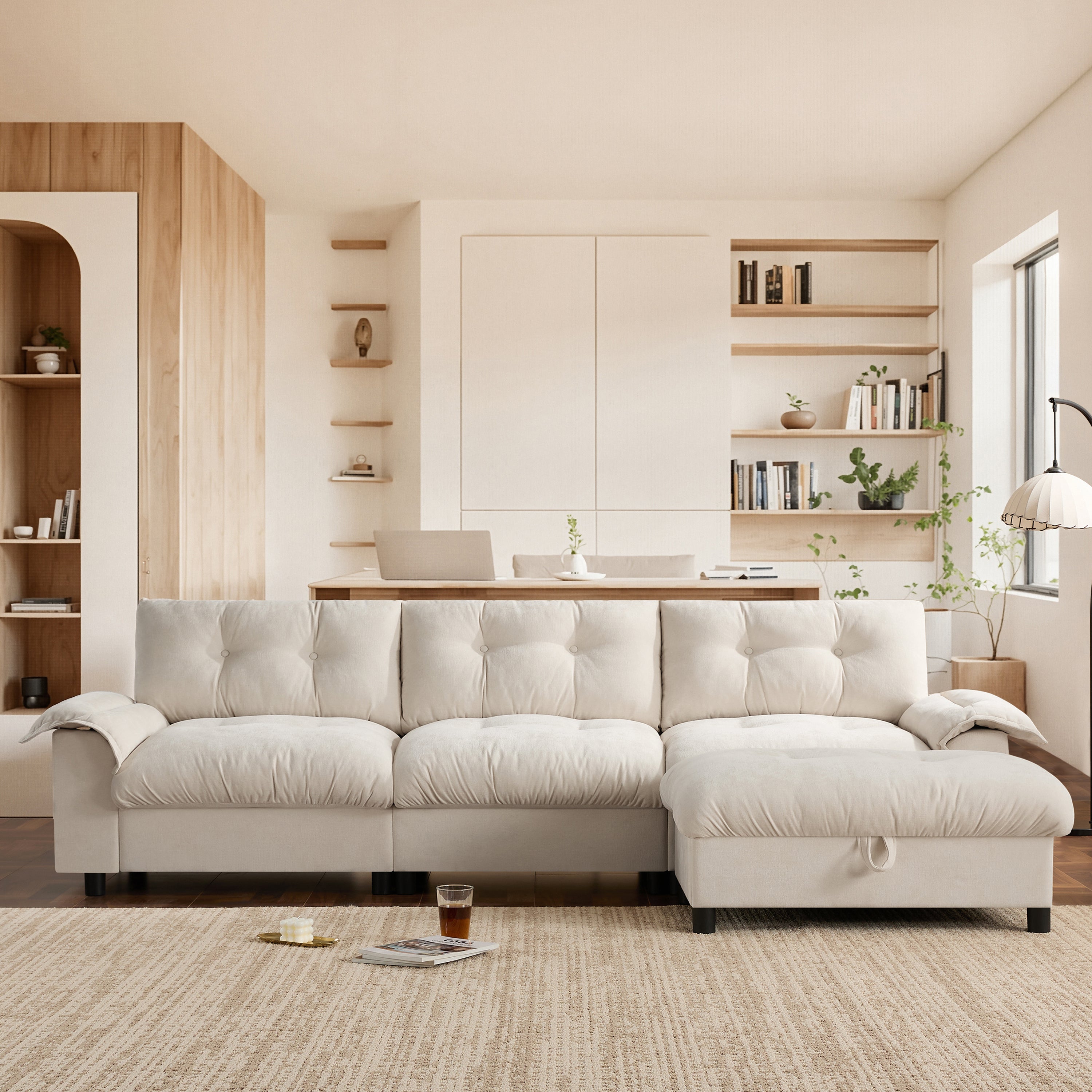 [VIDEO]104*60' Sectional Sofa, L-Shape with Multifunctional Armrest, Dual-Port Charging, Cup Holder, Side Storage Pockets, Movable Storage Ottoman, Unique Tufted Design, Soft Cushion, Chenille,3colors
