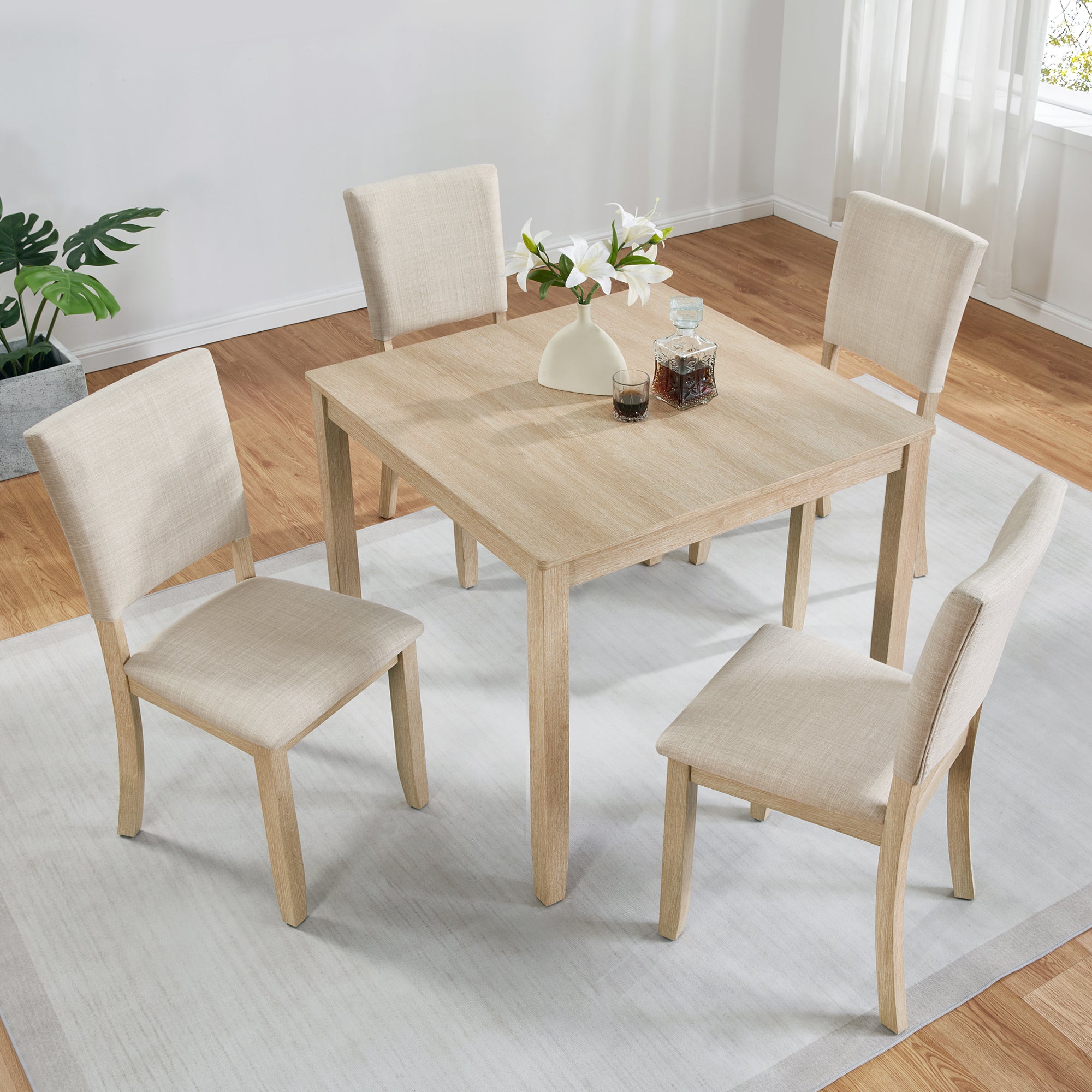 Modern 5-Piece Dining Table Set | 4-Person Wooden Dining Set in Light Oak & Beige