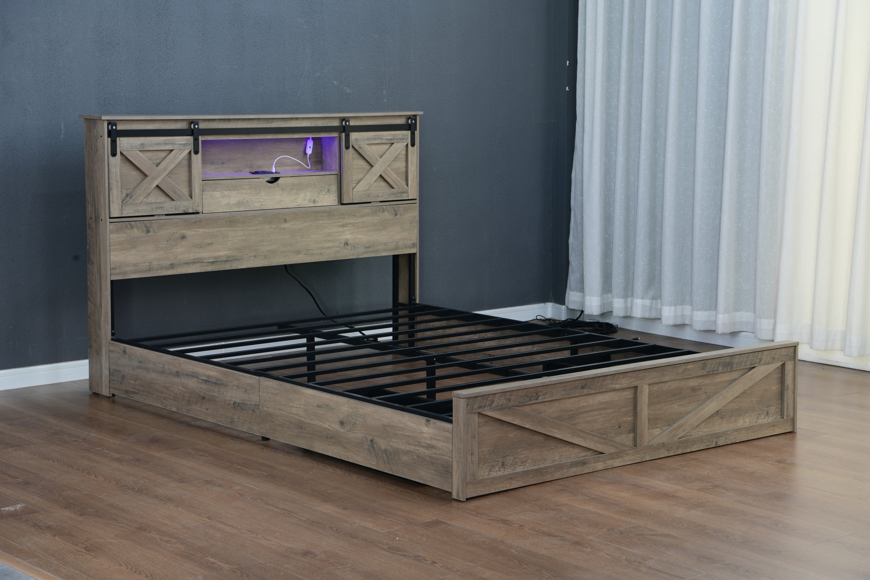 Farmhouse Queen Bed Frame with LED Lights & Charging Station | Wooden Bed with 2 Storage Drawers & Rustic Headboard with Sliding Barn Door Storage Cabinets