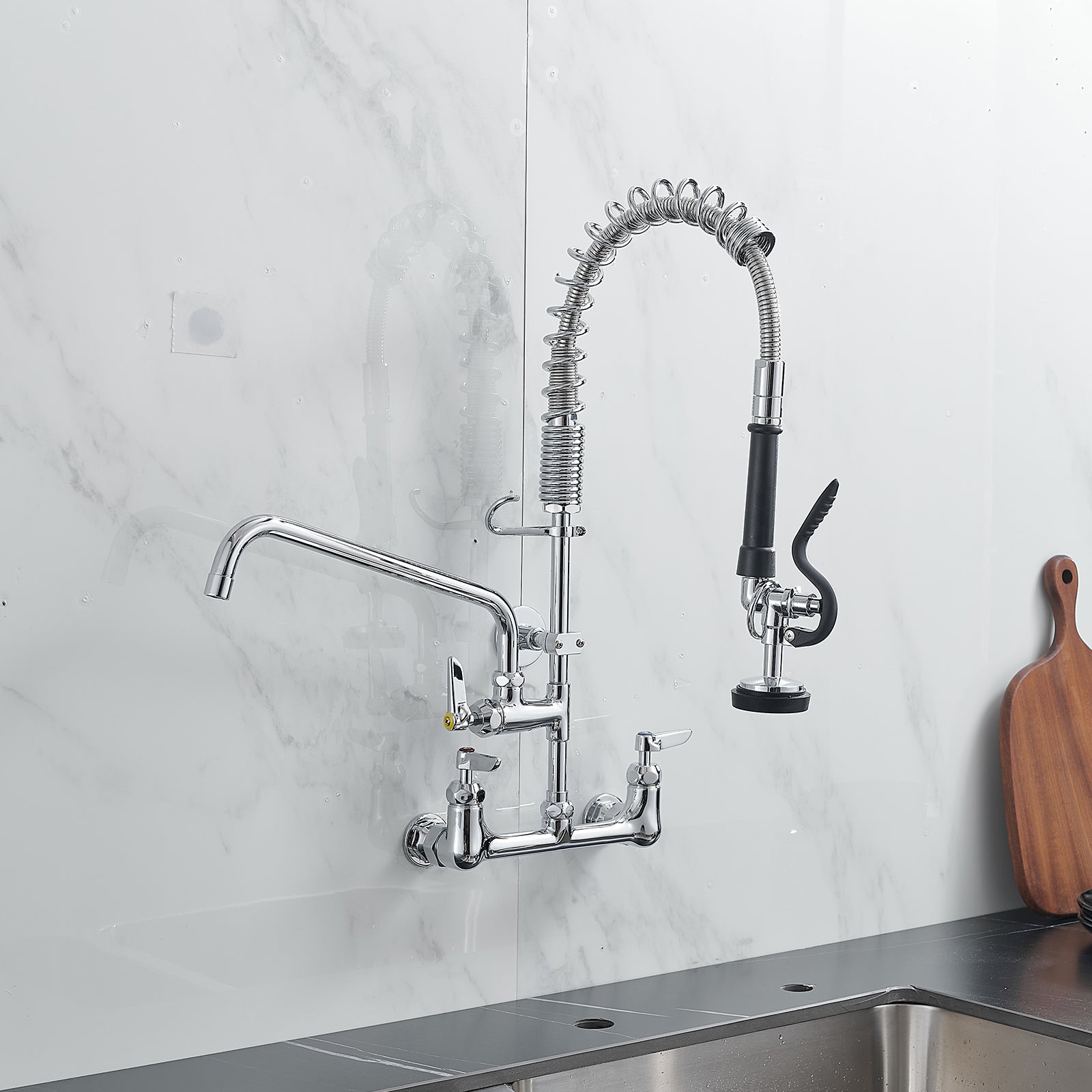 Commercial Deck Mount Kitchen Faucet with Pre-Rinse Sprayer | 8-Inch Center, 21" Height with 10" Add-on Spout