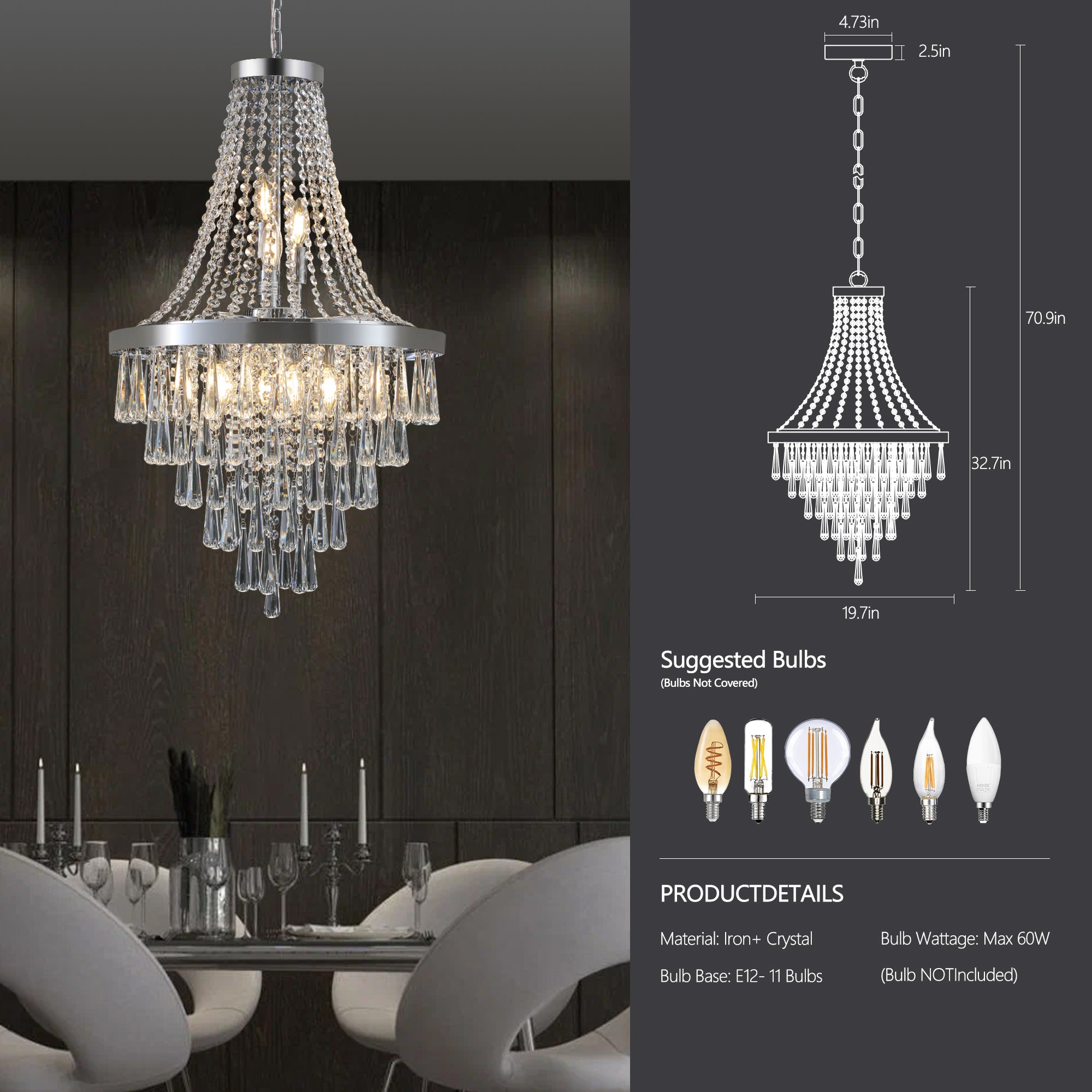 20" Chrome Crystal Chandelier - Modern Adjustable Ceiling Light
