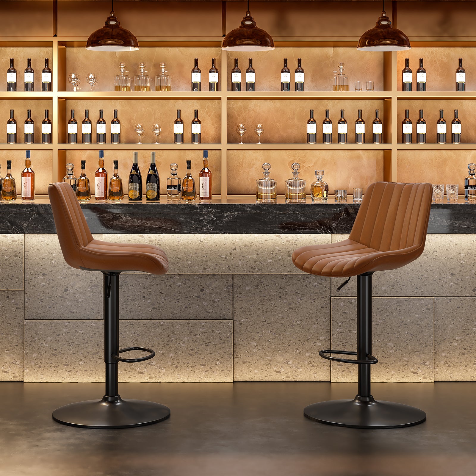 Swivel Adjustable Bar Stools Set of 2 | Brown PU Leather Counter Height Bar Chairs with Back Support