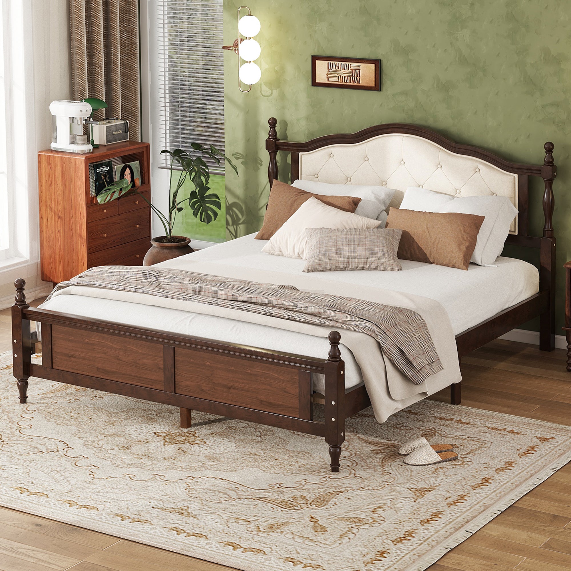 Queen Pine Wooden Bed with Upholstered Headboard & Panel Footboard – Walnut Finish, Two Bed Rail Support Feet & Central Platform Support Feet