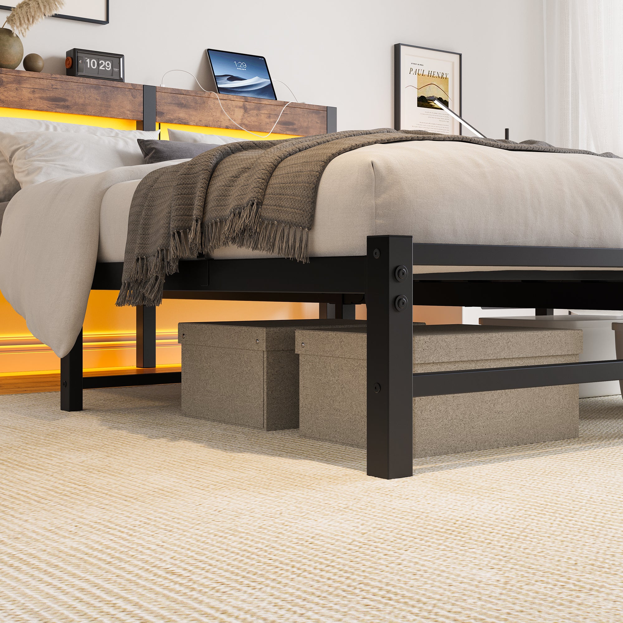  Queen Metal Bed Frame - RGB Headboard, Charger, Storage, Rustic Brown