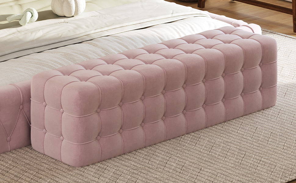 All Covered Velvet Upholstered Ottoman, Rectangular Footstool, Bedroom Footstool, No Assembly Required, Elegant and Luxurious, Pink