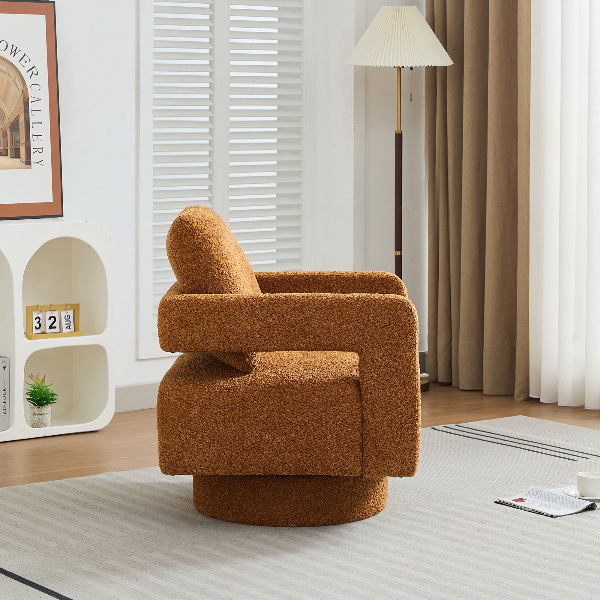 29.13" W Square Swivel Accent Chair, Modern Rotating Arm Chair with Open Back,360 Degree Rotation, Lounge Club Chair with Removable Back Cushion for Living Room, Hotel, Bed Room,Caramel