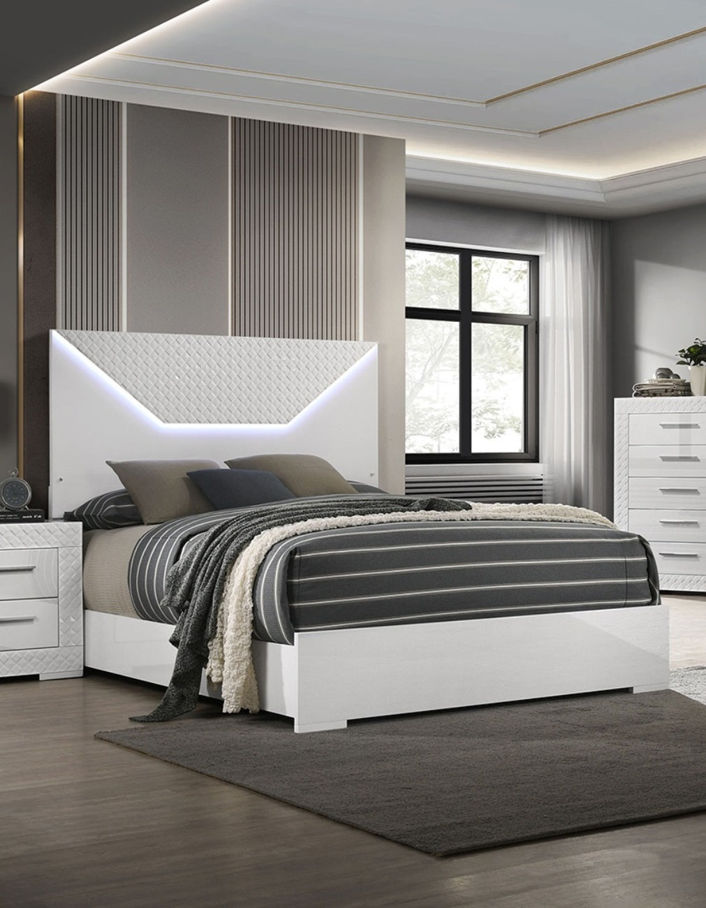 White Color 1pc Queen Size Bed W LED Bedroom Furniture High Gloss Finish Unique Design Headboard