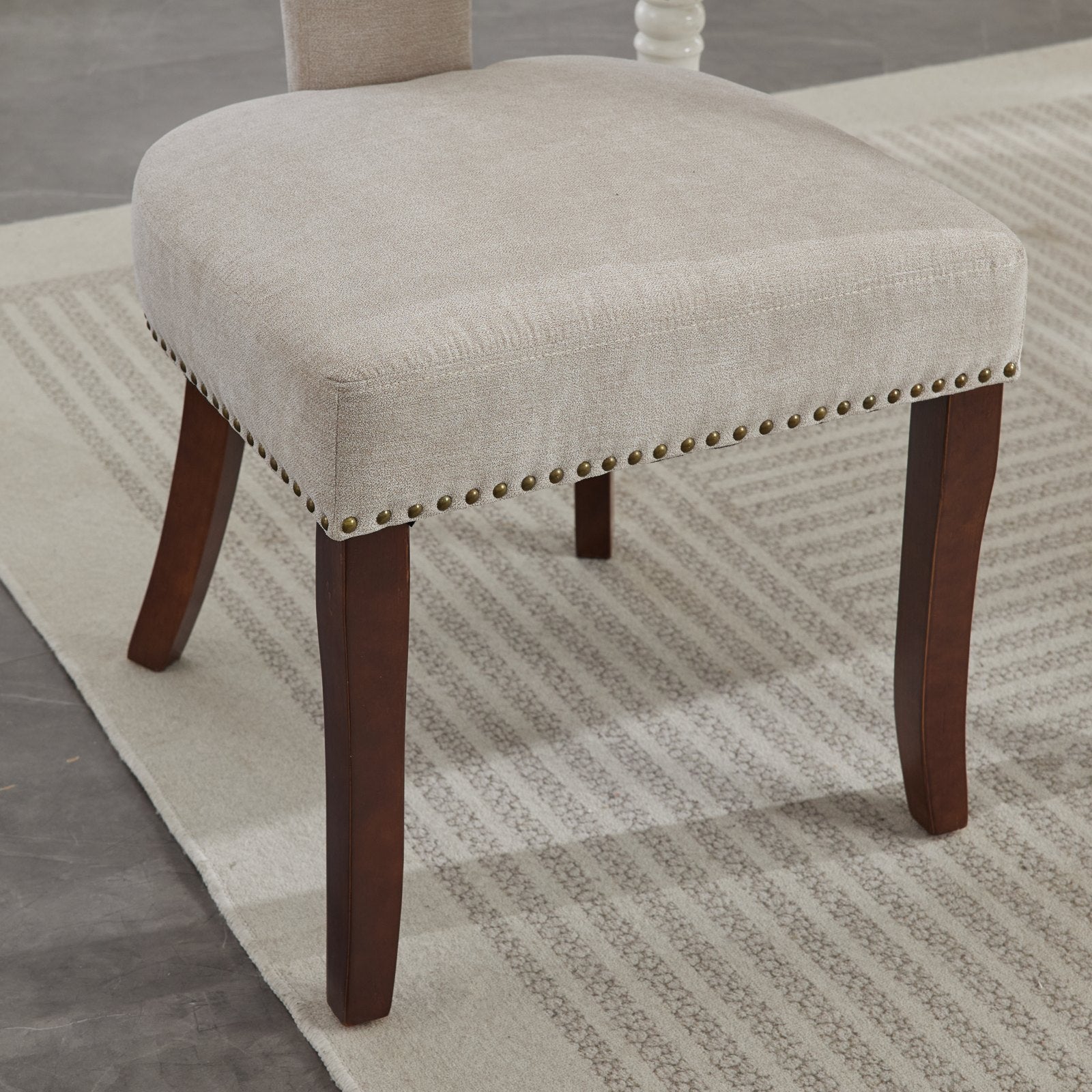 Mid Century Modern Dining Chairs Set of 2, Farmhouse Linen Fabric Upholstered Accent Chair Curved Backrest with Copper Nails around,Kitchen Chairs with Hardwood Frame, Beige