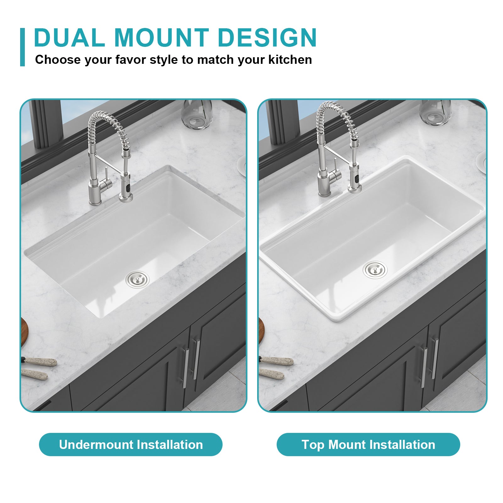 Undermount White Kitchen Sink Workstation - 33 inch White Porcelain Ceramic Single Bowl Dual Mount Kitchen Sink