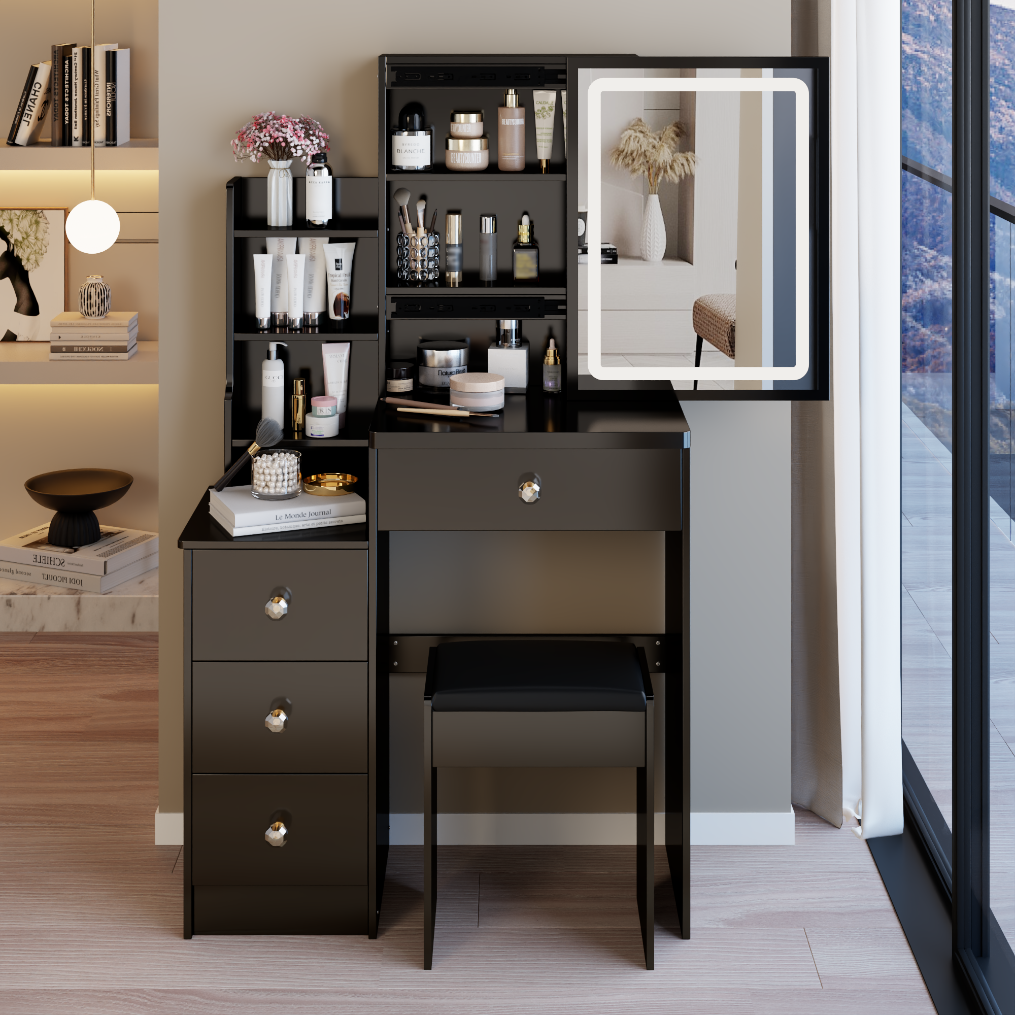 Small Vanity Table with Sliding LED Mirror | 29.2" Space-Saving Bedside Cabinet & Cushioned Stool