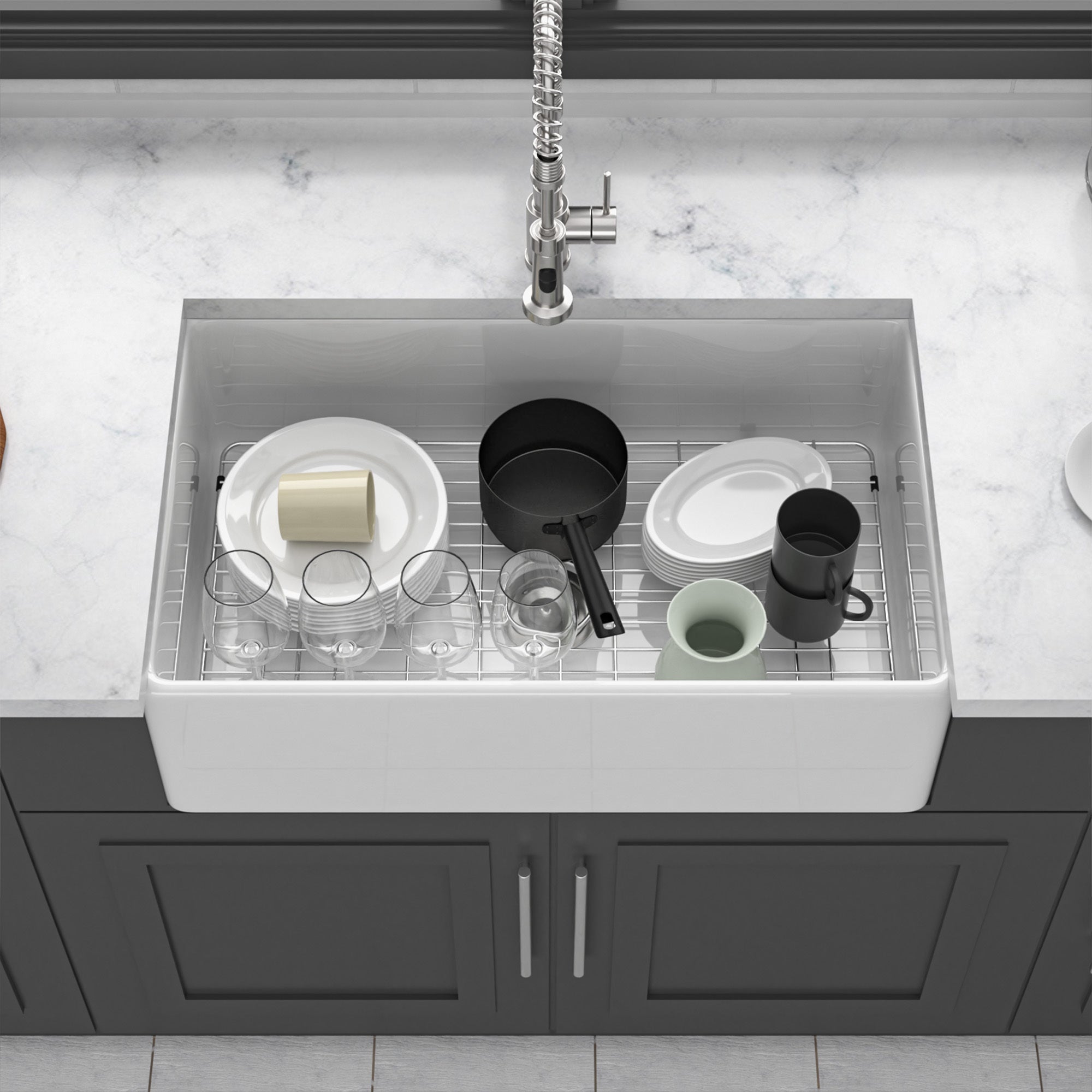 White Kitchen Sink - 33 inch White Porcelain Ceramic Single Bowl Reversible Design Kitchen Sink