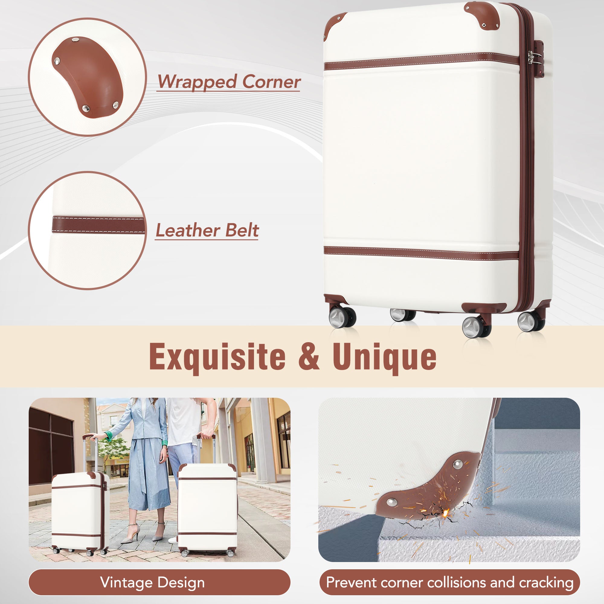 3-Piece White Hardshell Luggage Set – 20" & 24" Spinner Suitcases with TSA Lock + Cosmetic Case, Lightweight Travel Set