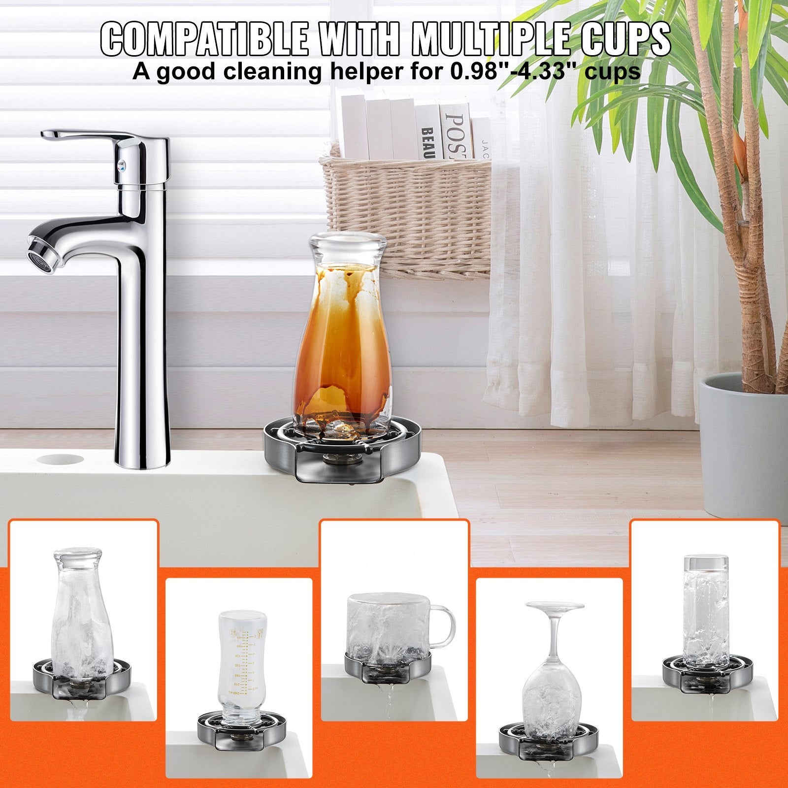 304 Stainless Steel Glass Rinser | 10-Jet Faucet Cup Washer for Sink