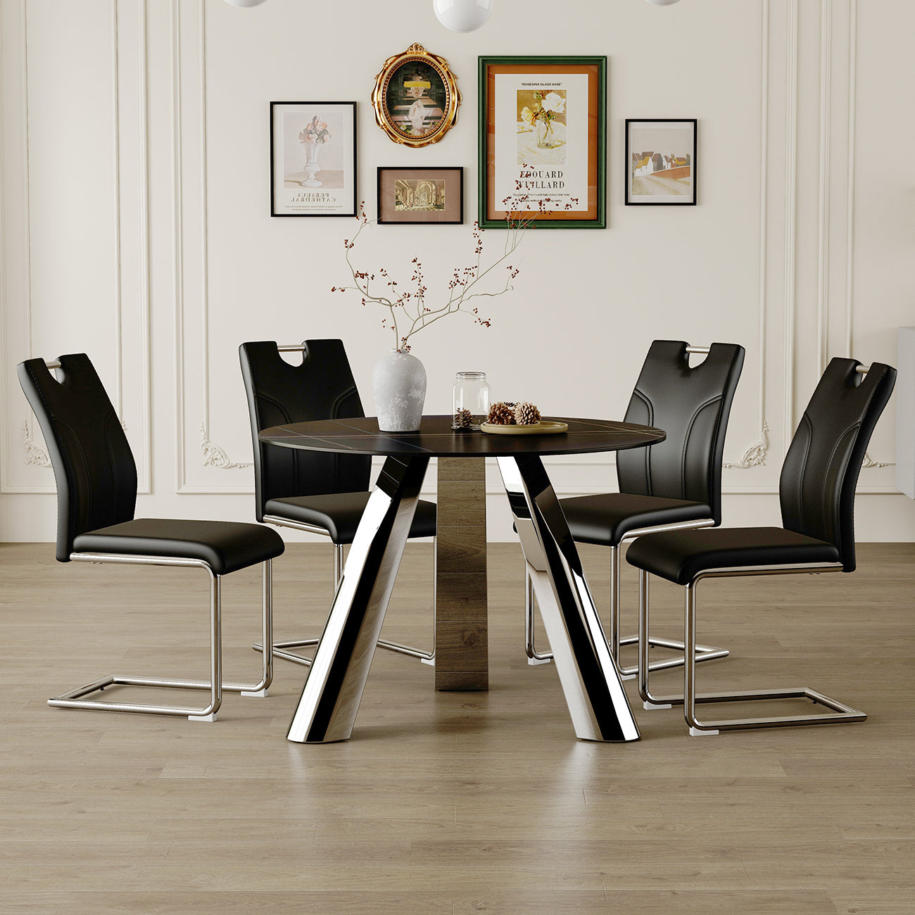 Table and chair set.A 42-inch stainless steel leg round table.Paired with 4 Uniquely designed Black Dining Chairs With Silver Metal Leg.Sintered Stone Tabletop,Stainless Steels Table Legs.W2920S00017