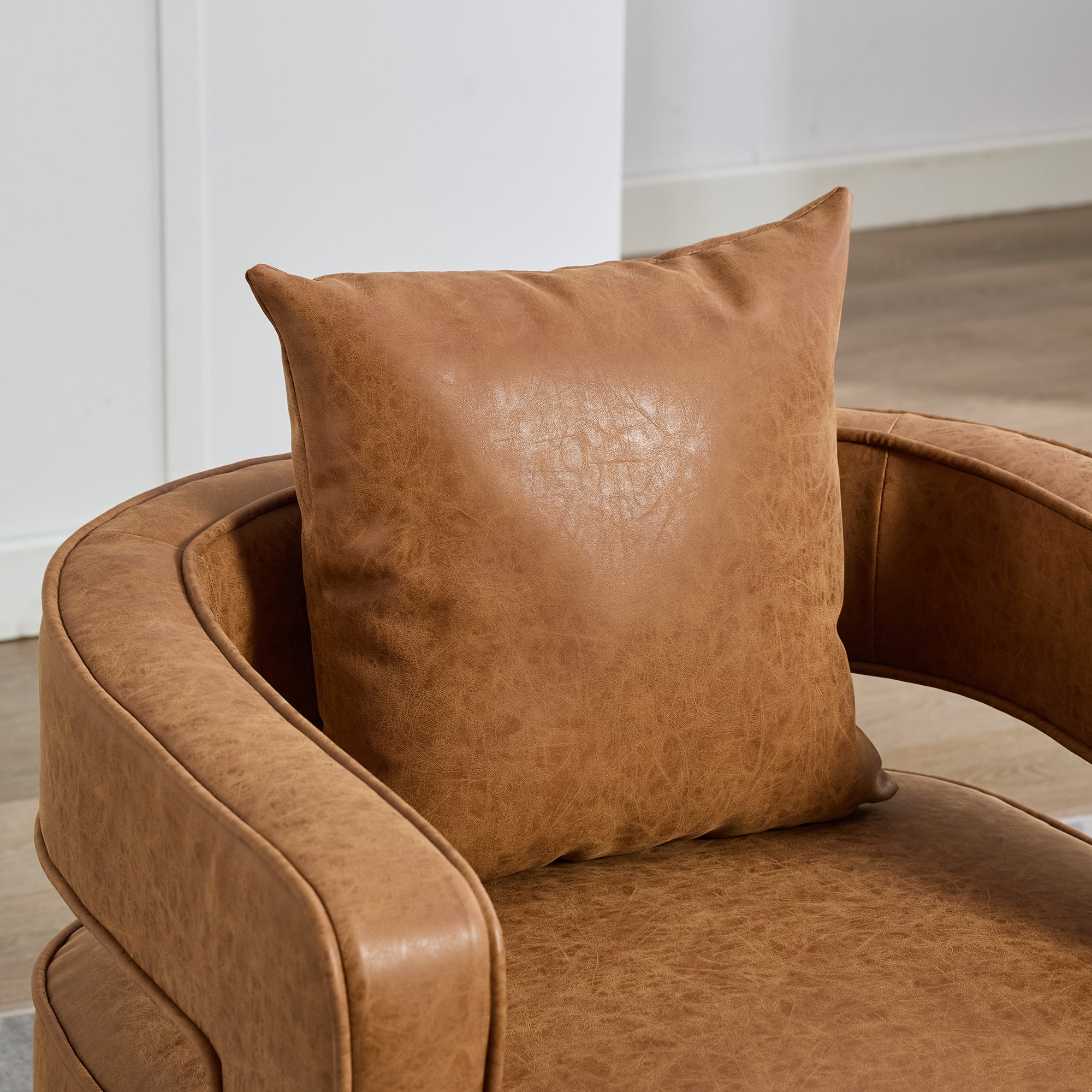 29.1"W Swivel Barrel Accent Chair – Modern PU Leather Open Back Club Chair with Weathered Base, Brown, for Living Room, Bedroom, Office, Lounge