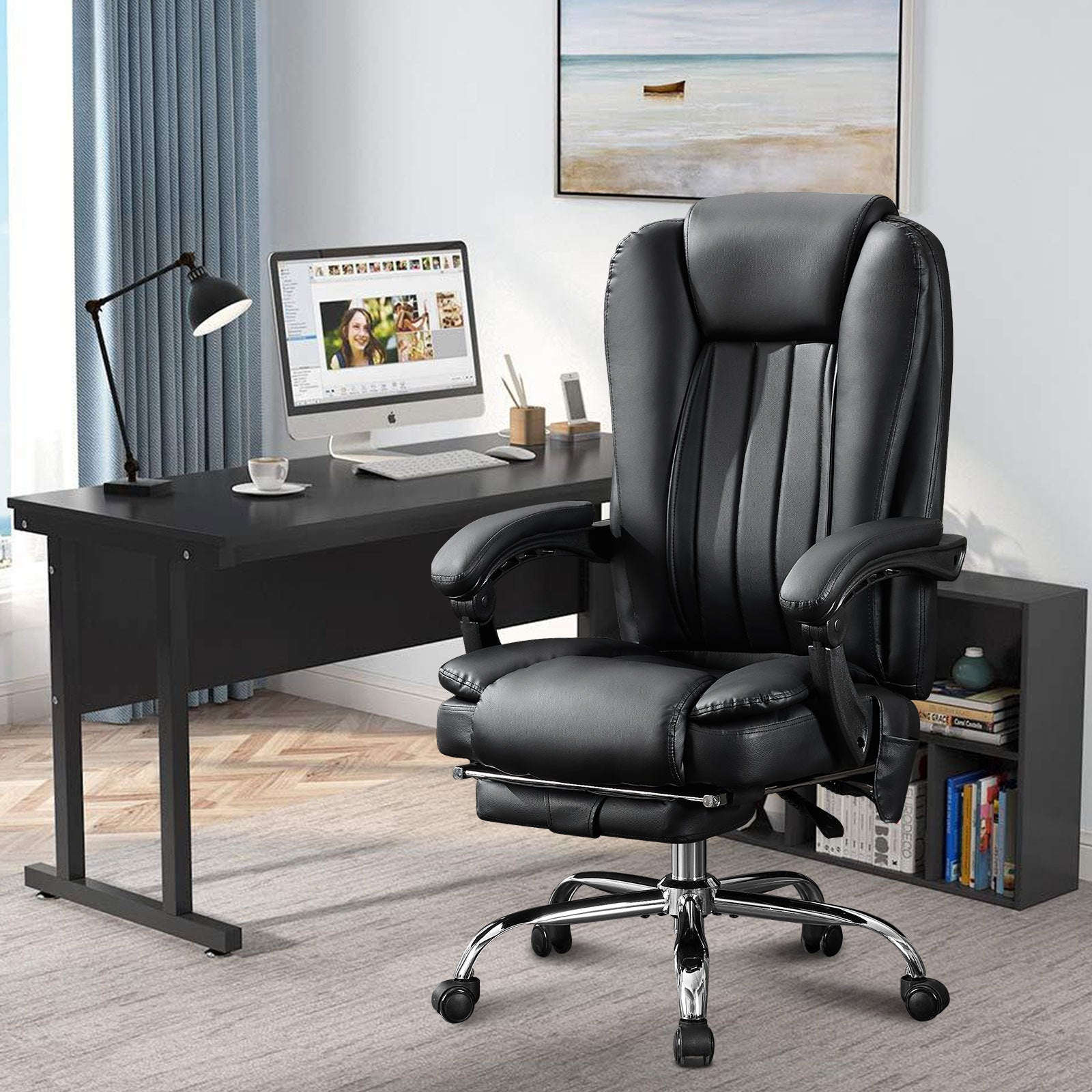 Massage Office Chair with Heat and 6 Vibration Points,Executive Office Chair with Foot Rest and Padded Armrests,Reclining Backrest and Wheels