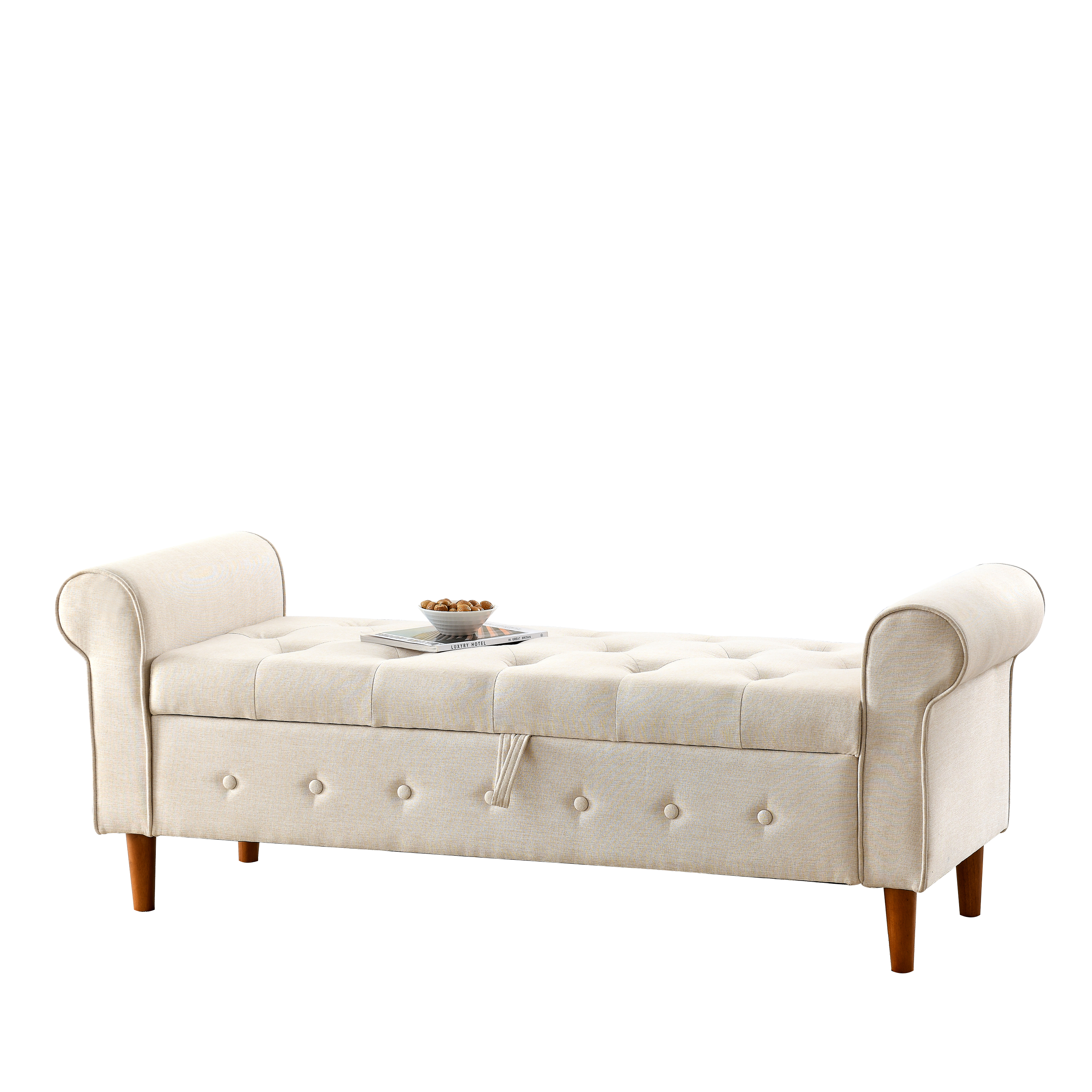 62" Bedroom Tufted Button Storage Bench, Modern Fabric Upholstered Ottoman, Window Bench, Rolled Arm Design for Bedroom, Living Room, Foyer (Beige)