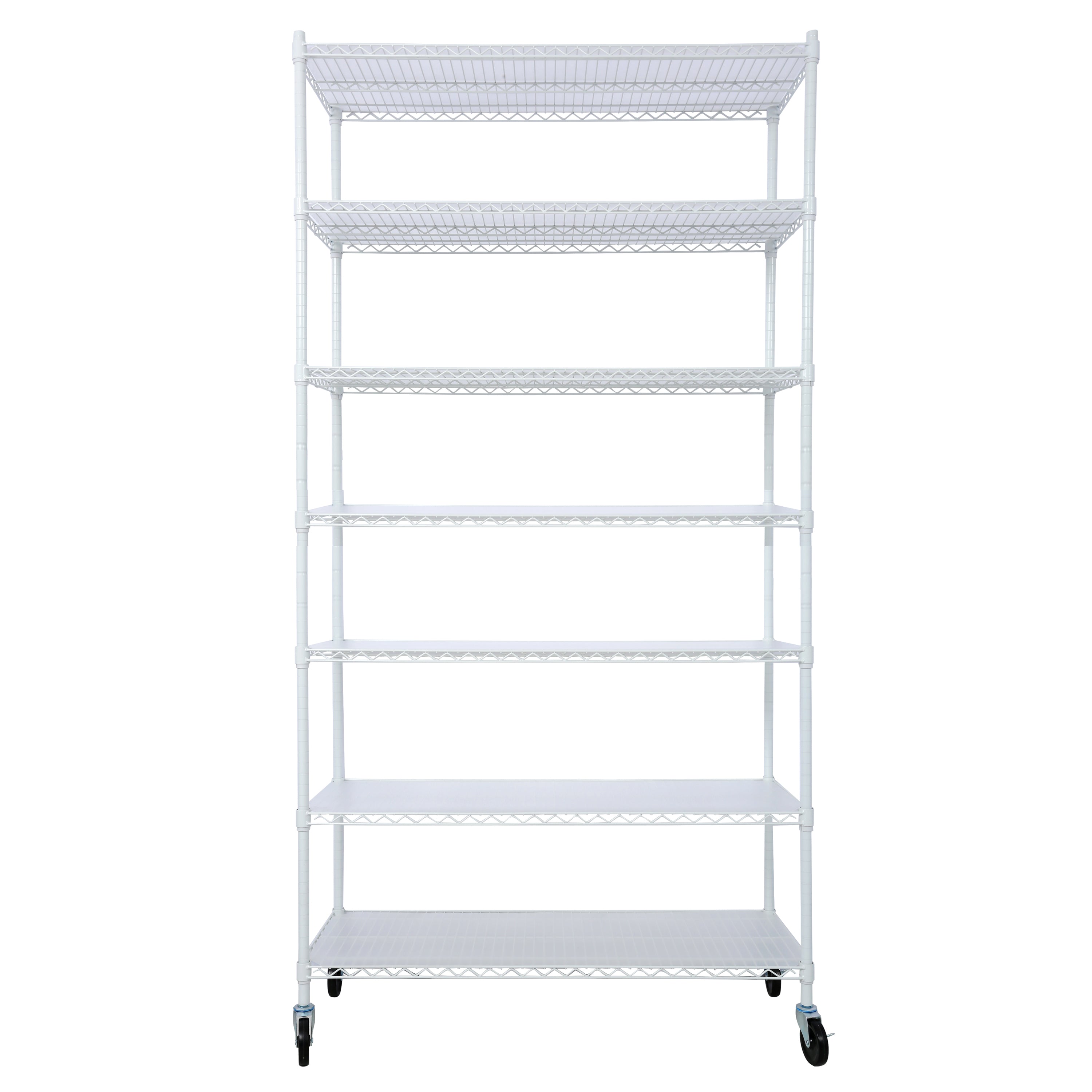 White 7-Tier Metal Shelving Unit | 2450lbs Heavy-Duty Adjustable Storage Rack with Wheels & Liners