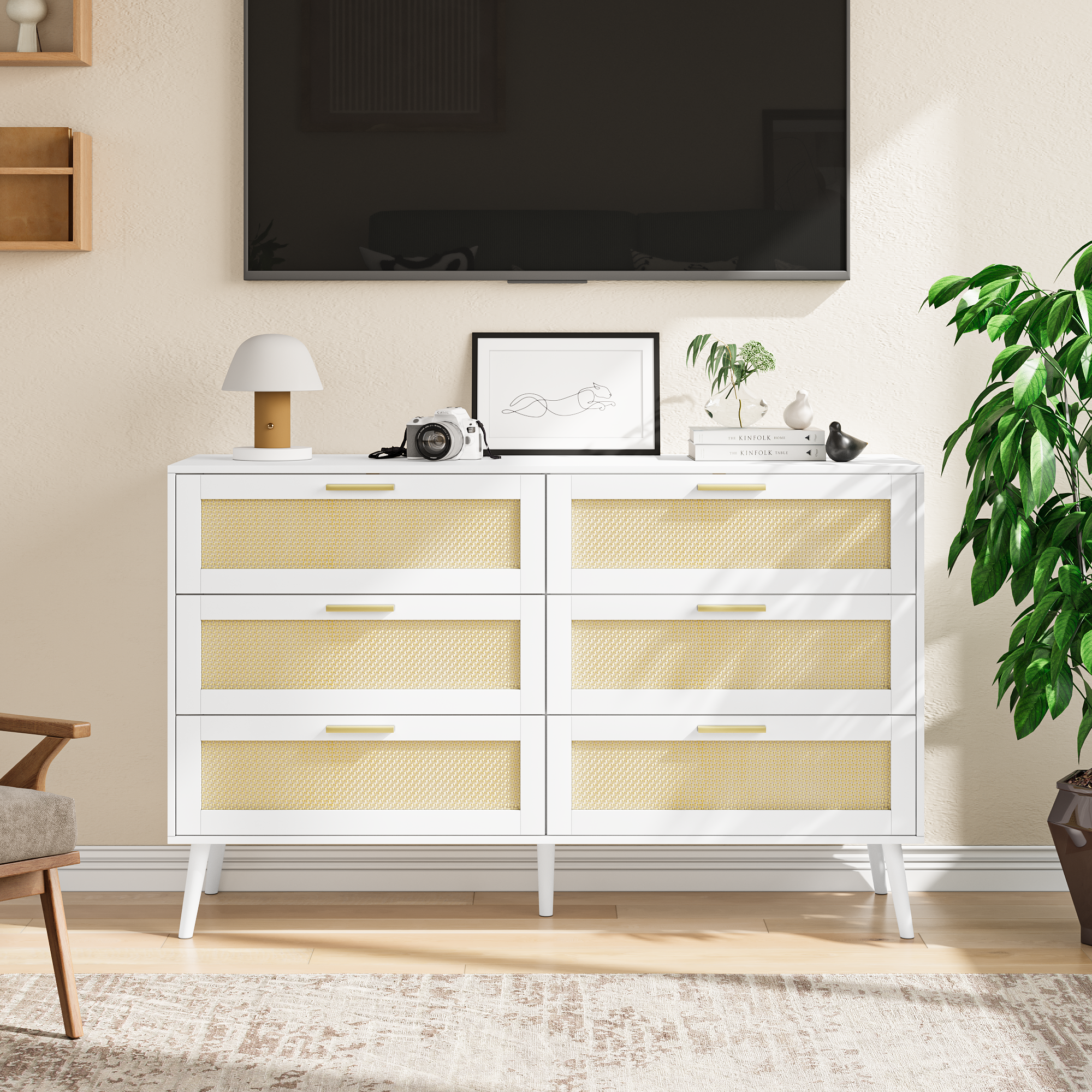 White Rattan 6 Drawer Dresser Chest – Modern Wide Storage Cabinet with Gold Handles for Bedroom, Living Room, Hallway