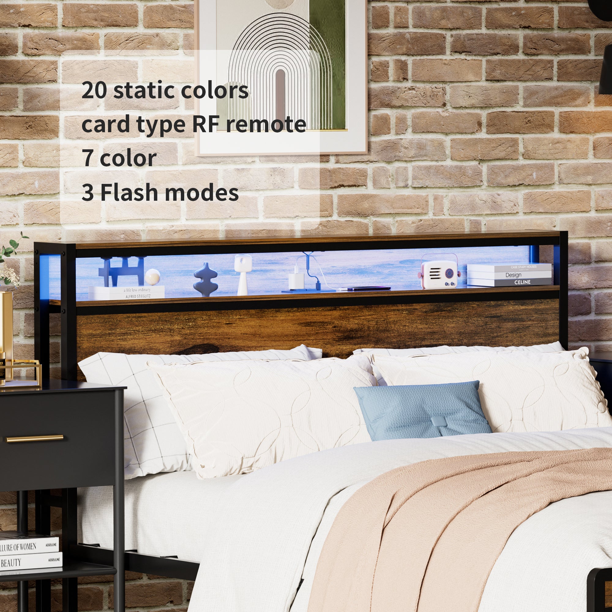 Queen Size Bed Frame with Storage Headboard, LED Light & Charging Station | Vintage Brown