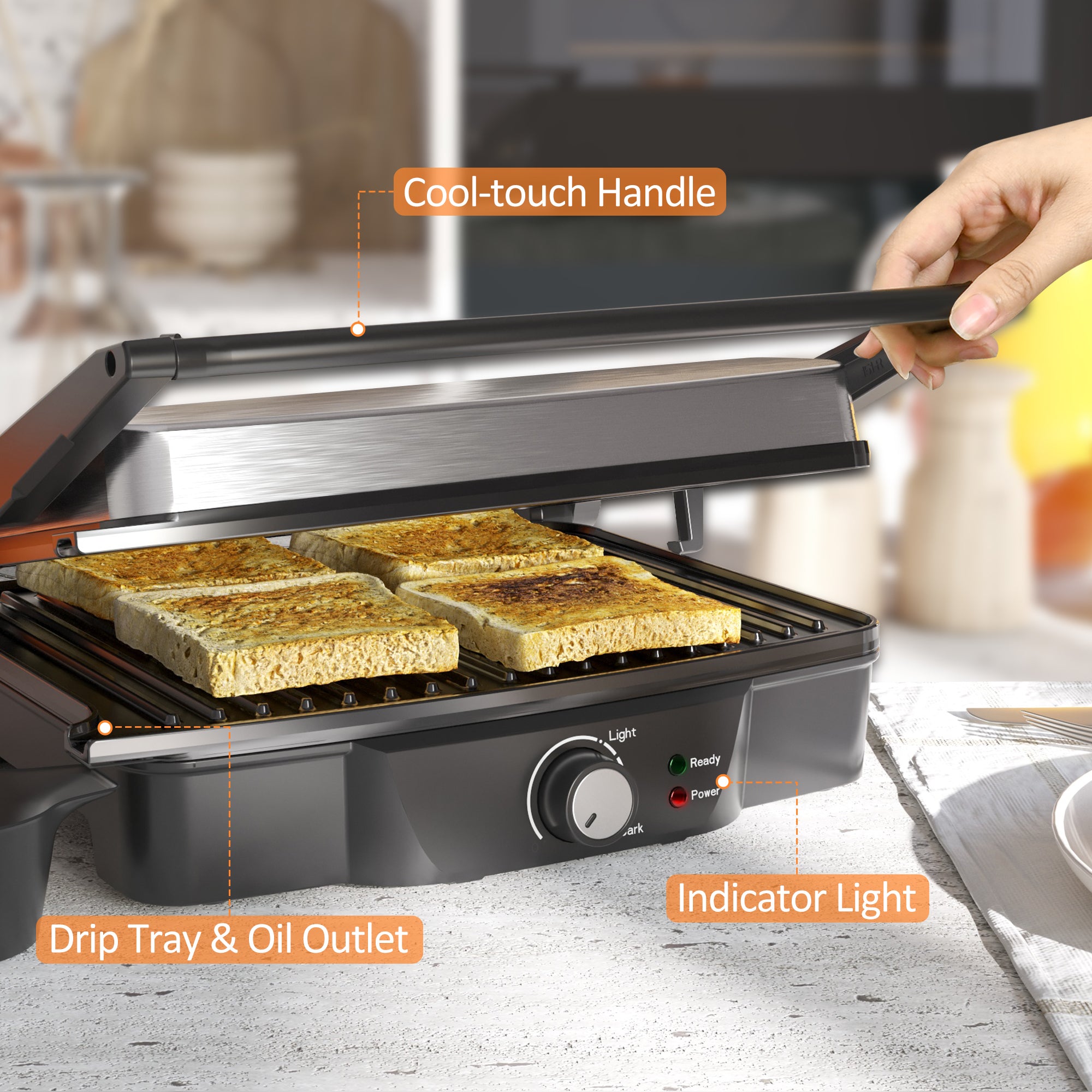 4-Slice Panini Press Grill - 180° Open, Non-Stick Plates
