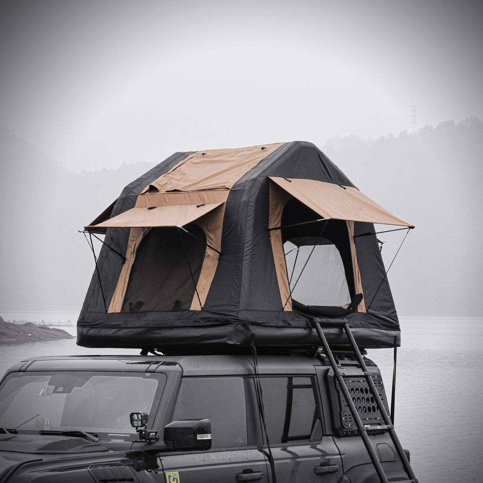 Foldable Amphibious Inflatable Roof Top Tent for 2-3 People – Two-Tone Khaki & Black, SUV & Truck Camping Tent (No Ladder)