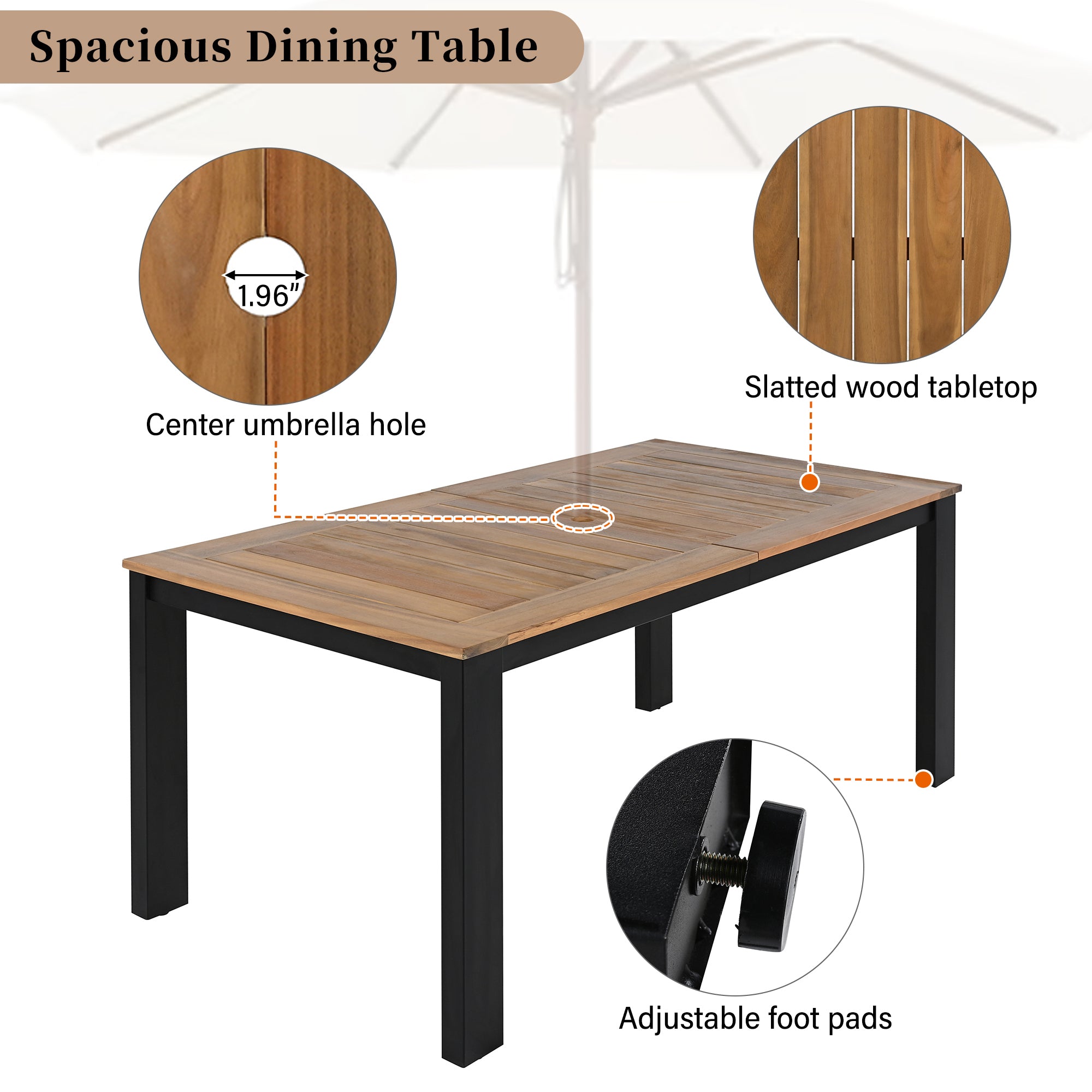 TREXM 7-Piece Patio Dining Set – Wood Outdoor Table with Umbrella Hole, 2 Armchairs & 4 Side Chairs, Garden Furniture (Light Teak + Beige)