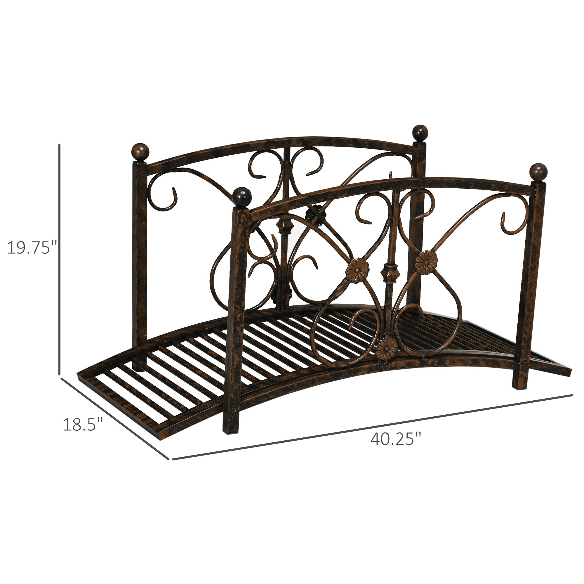 Outsunny 3.3FT Metal Arch Zen Garden Bridge with Safety Siderails, Decorative Footbridge, Delicate Floral Scrollwork for Stream, Fish Pond, Brown