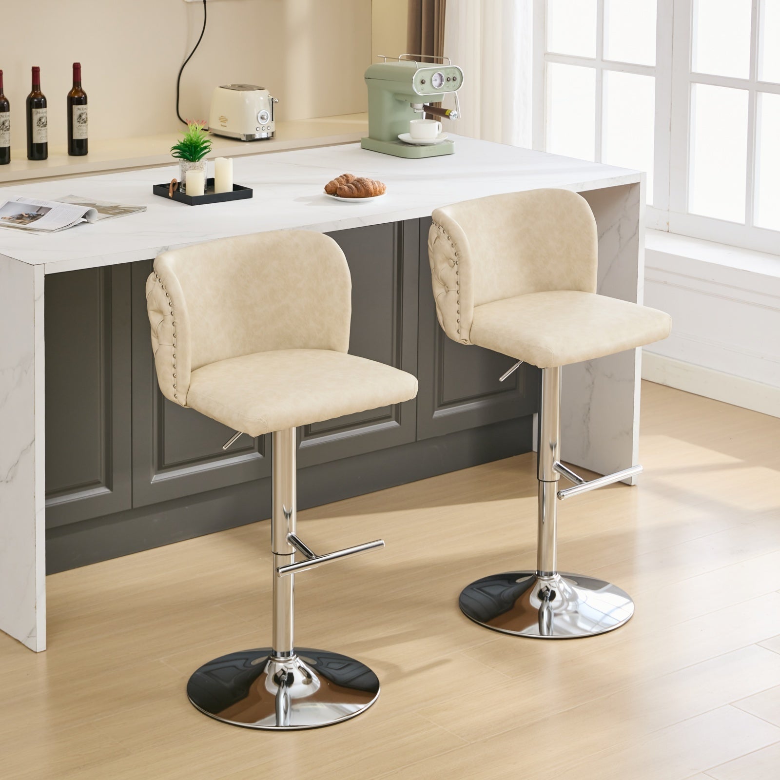 A&A Furniture,Swivel Barstools Adjusatble Seat Height With Chrome Base, Modern PU Upholstered Bar Stools with the whole Back Tufted, for Home Pub and Kitchen Island,Beige, Set of 2