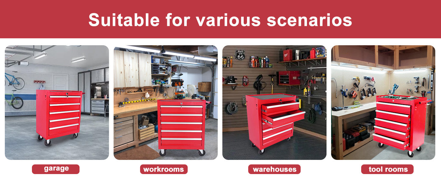 5-Drawer Metal Rolling Tool Chest with Locking System and Wheels in Red Steel