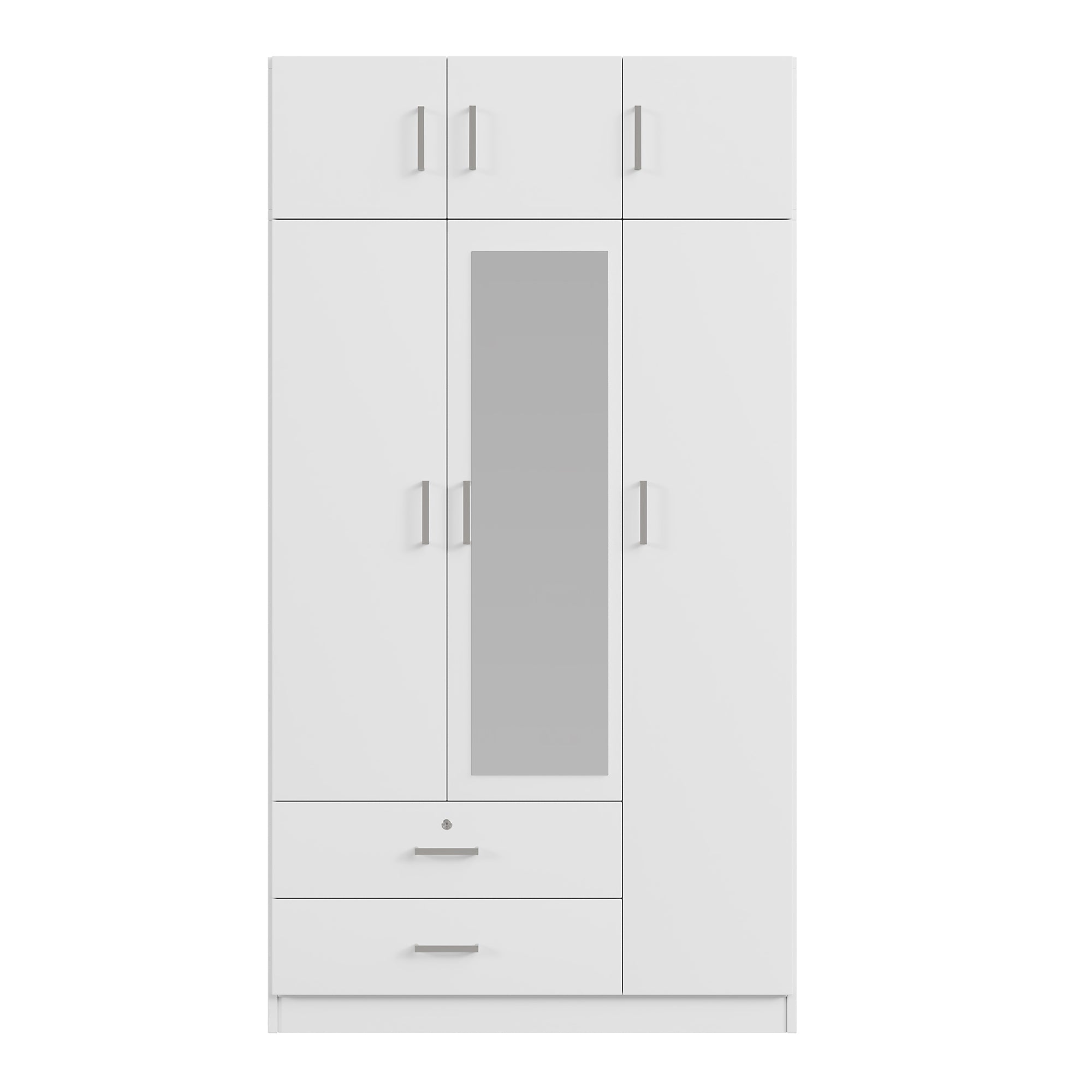 3-Door Mirror Wardrobe with 2 Drawers and Top Cabinet, White
