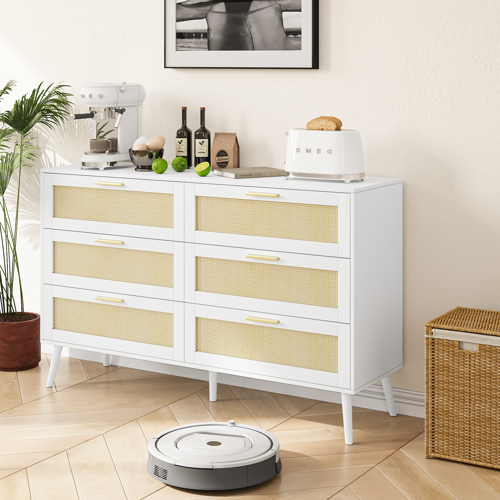 White Rattan 6 Drawer Dresser Chest – Modern Wide Storage Cabinet with Gold Handles for Bedroom, Living Room, Hallway