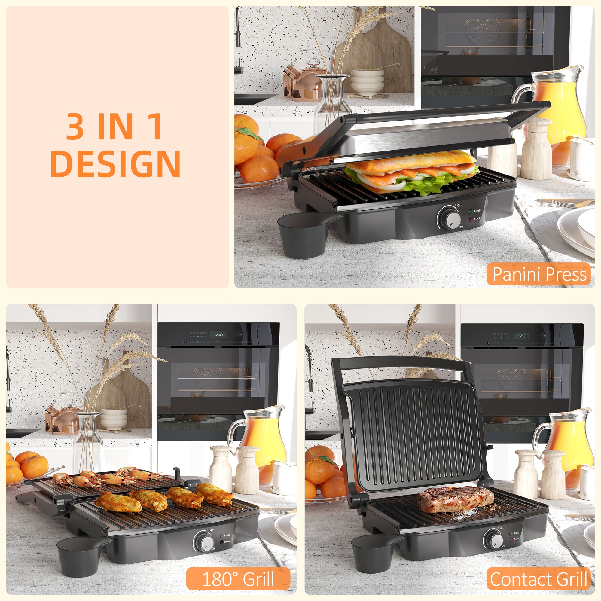 4-Slice Panini Press Grill - 180° Open, Non-Stick Plates