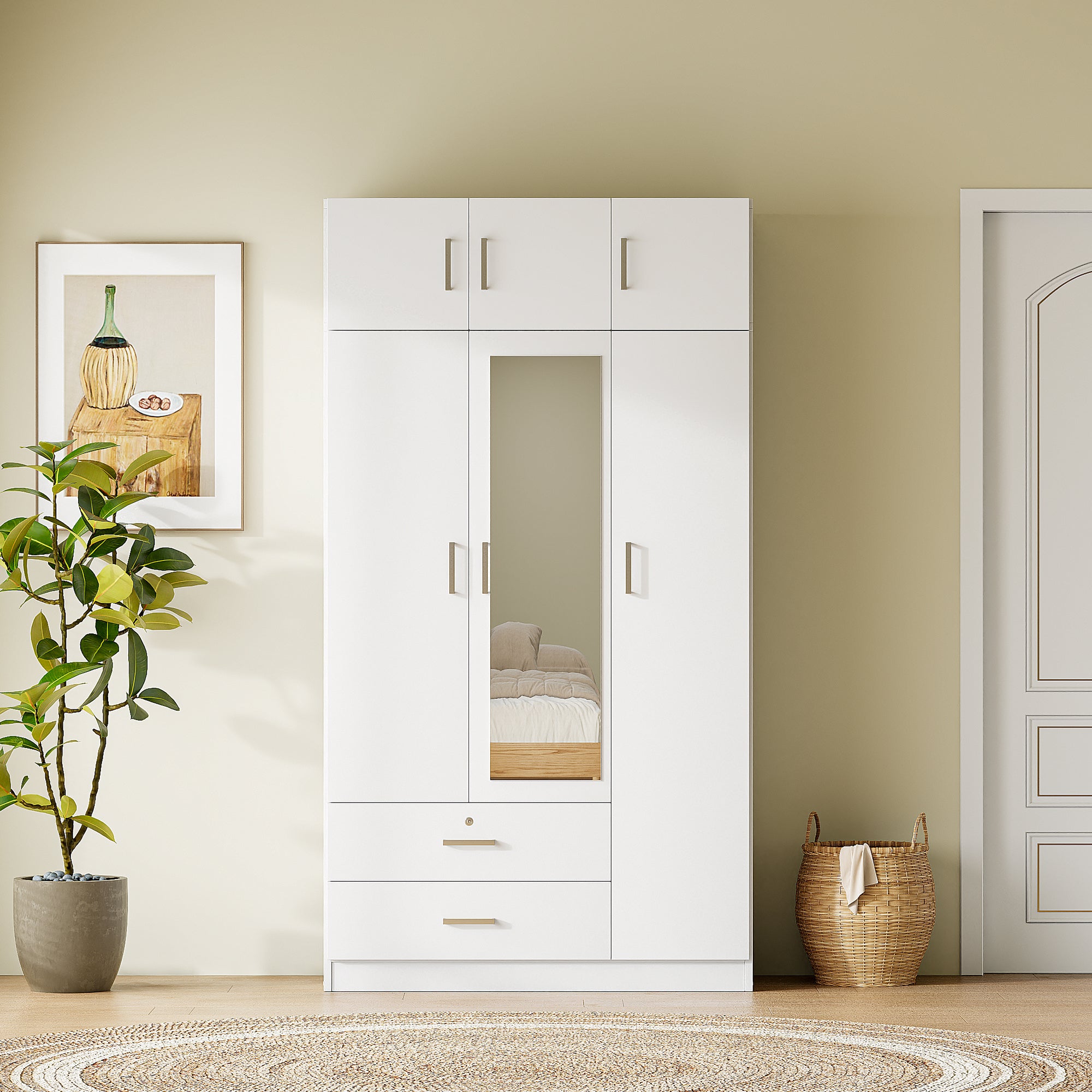3-Door Mirror Wardrobe with 2 Drawers and Top Cabinet, White