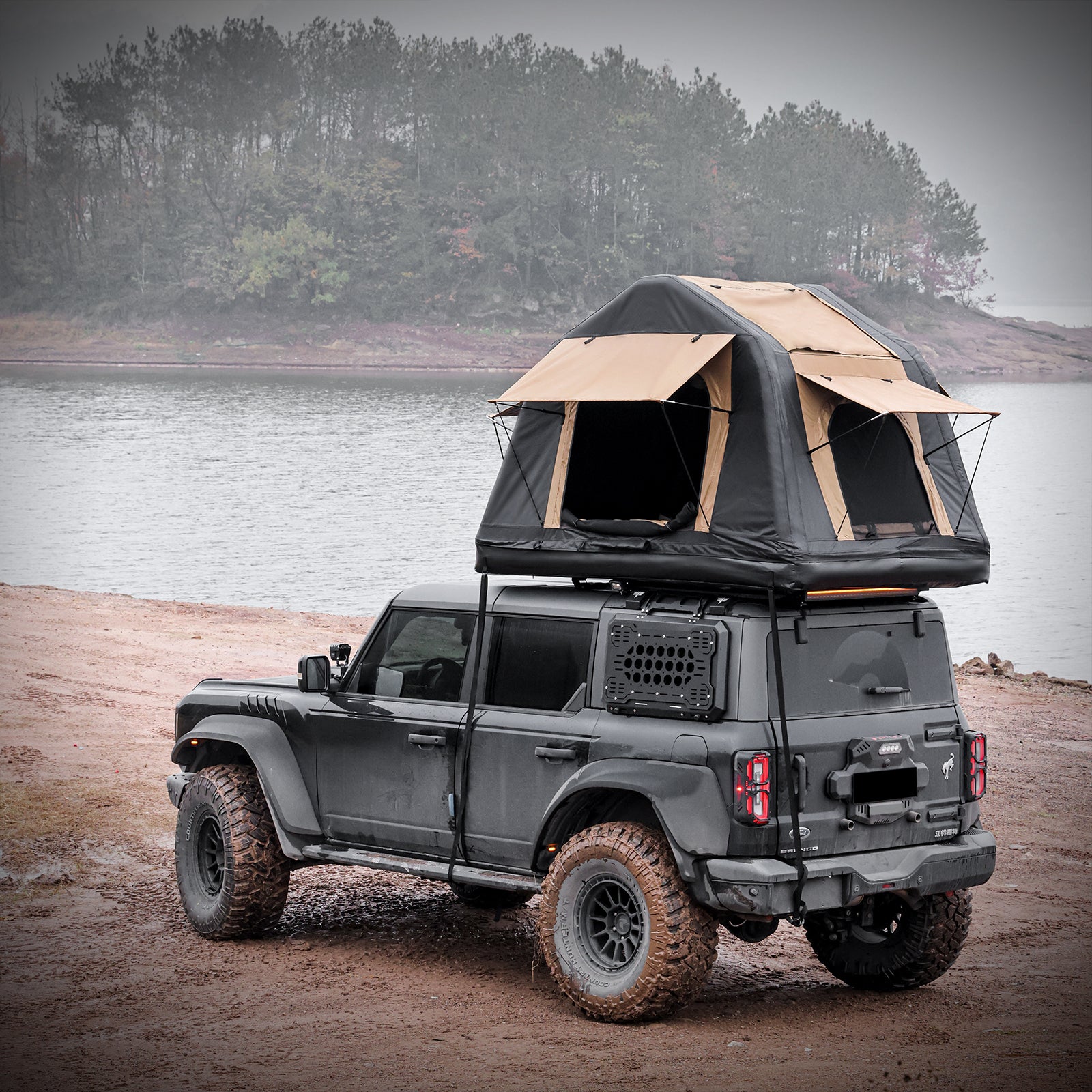 Foldable Amphibious Inflatable Roof Top Tent for 2-3 People – Two-Tone Khaki & Black, SUV & Truck Camping Tent (No Ladder)