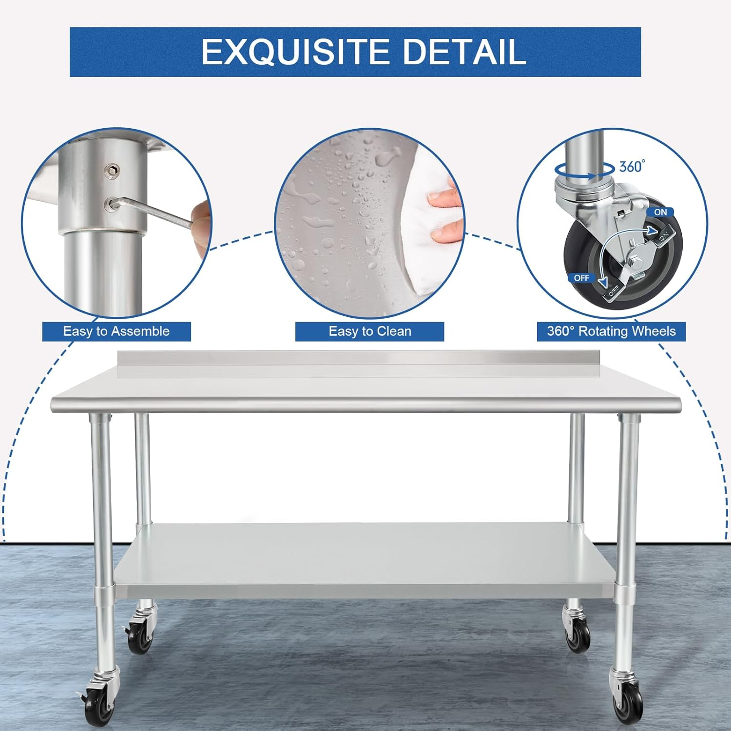 Stainless Steel Work Table 30x60 Inches with Wheels | Commercial Metal Prep Table with Adjustable Undershelf