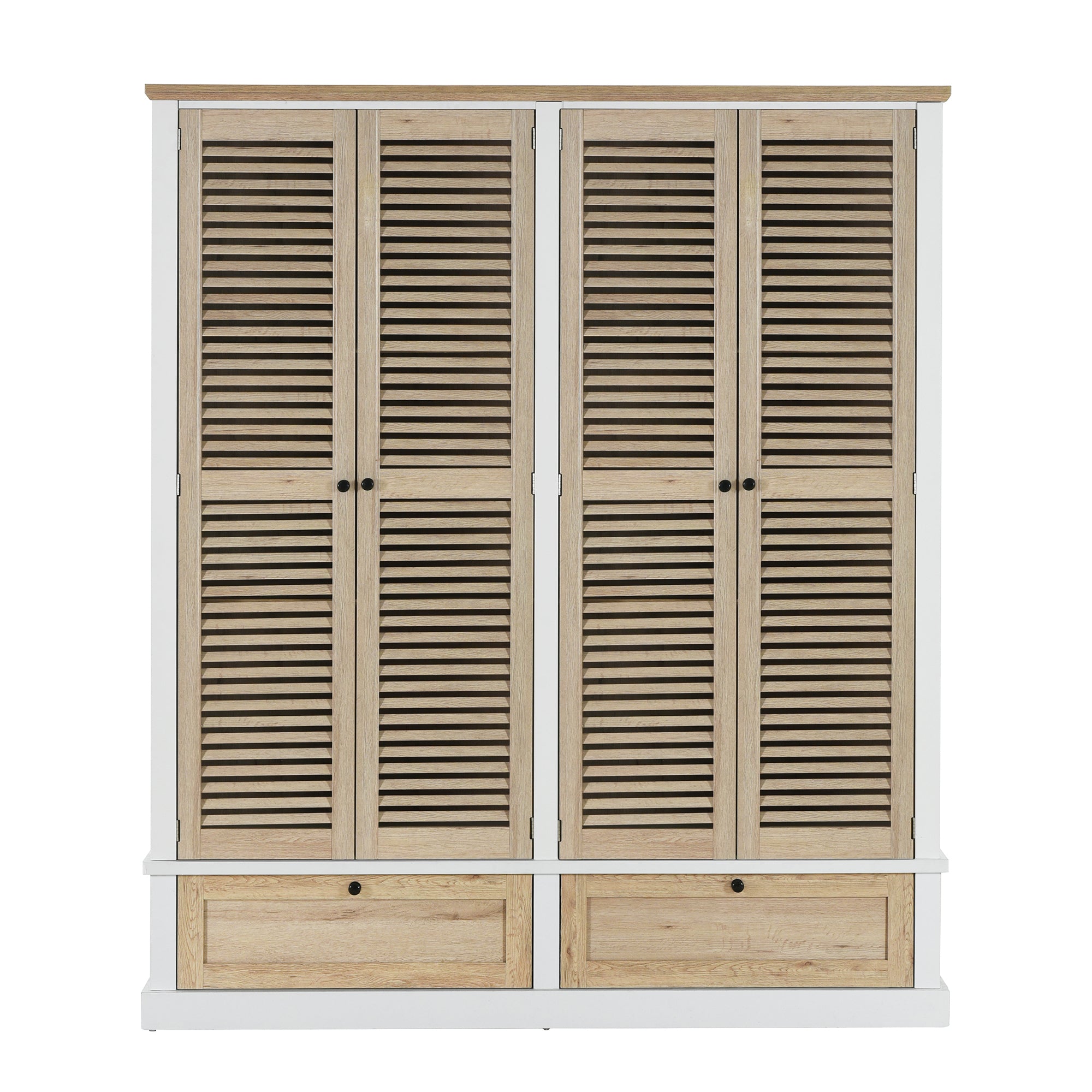 4 Shutter Door Wardrobe Armoire Closet with 2 Drawers, Natural and White
