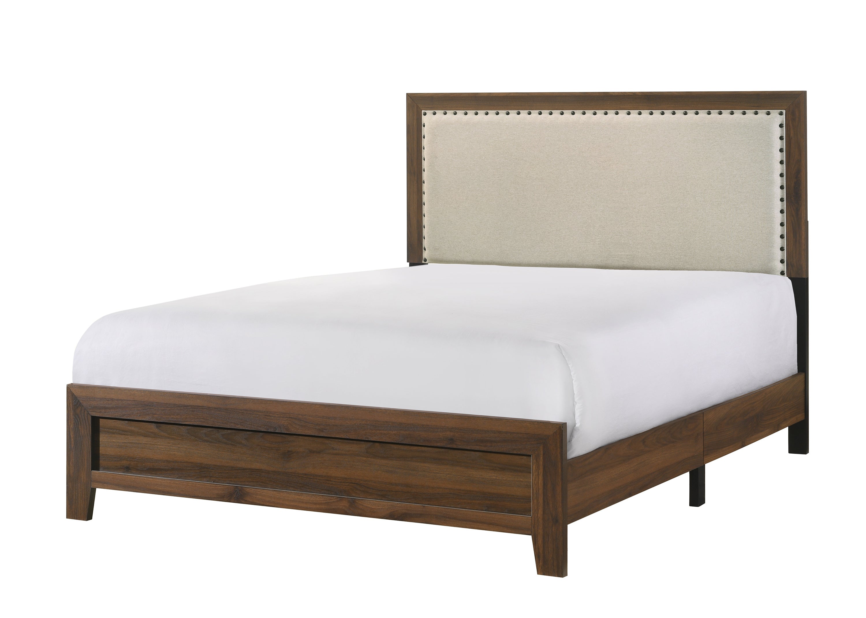 Brown Cherry Finish Fabric Upholstered Headboard Tufted Nailhead Trim 1pc Queen Size Panel Bed Beautiful Wooden Bedroom Furniture