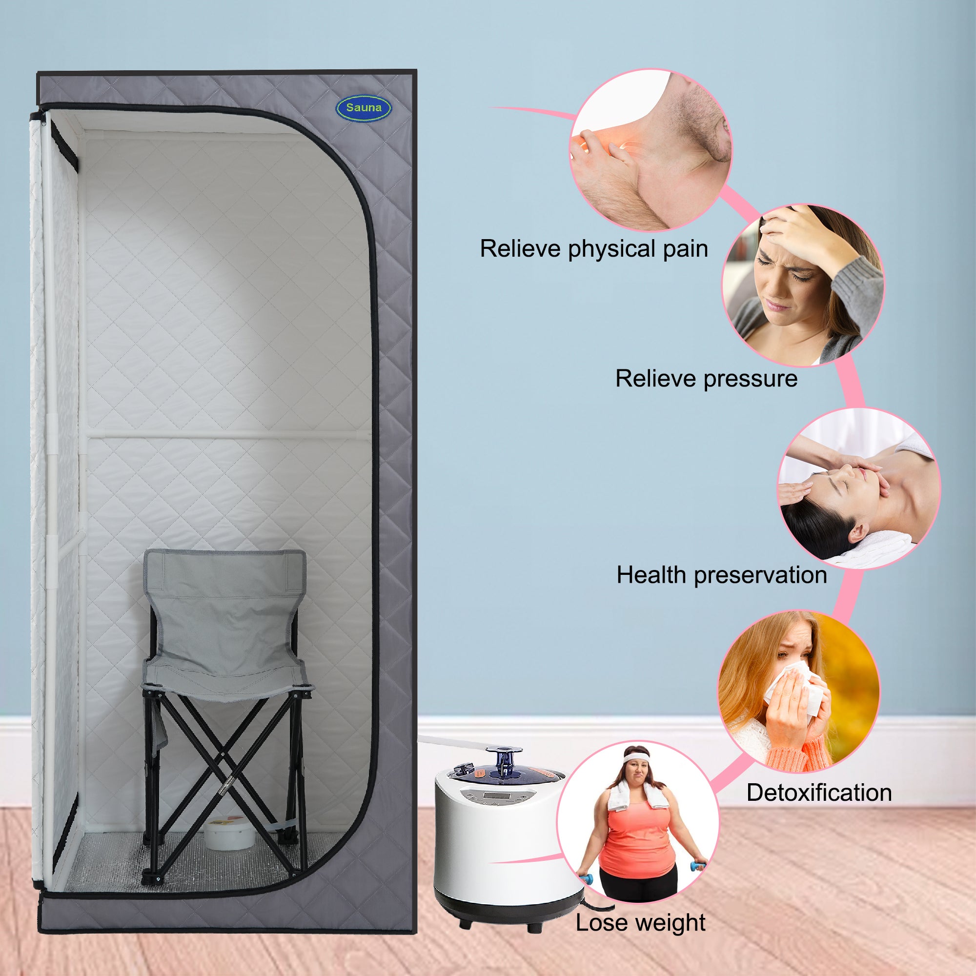 Full Size Portable Grey Steam Sauna Tent – Personal Home Spa with Steam Generator, Remote Control, Foldable Chair, Timer, PVC Pipe Connector, Fast Heating, FCC Certified