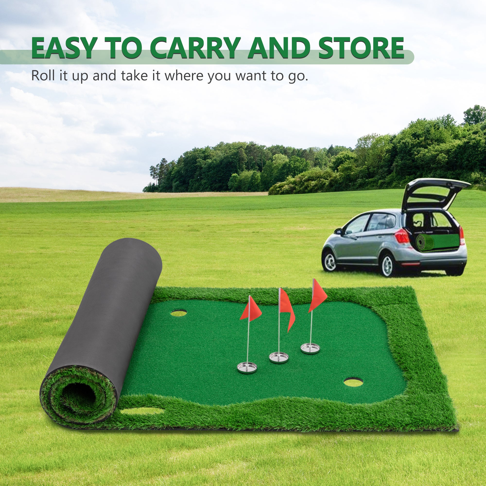 12x5 FT Golf Putting Green, Golf Training Mat with High-quality Turf, 3 Holes, 3 Flags and Cups for Indoor Outdoor