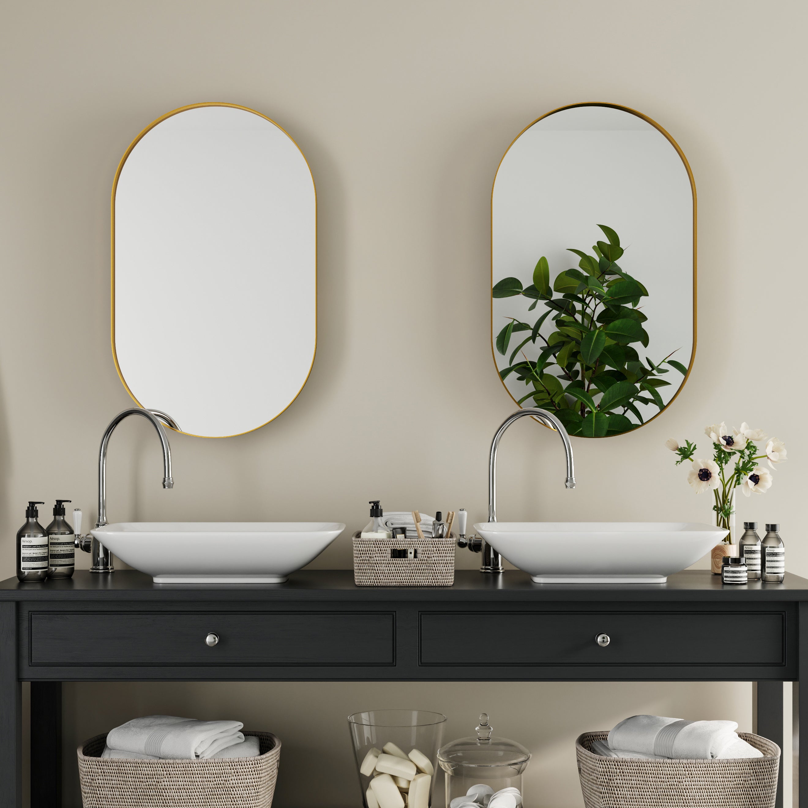 20x34" Oval Recessed Medicine Cabinet, Metal Framed Bathroom Wall Cabinet with Mirror, Adjustable Shelves, Matte Gold Wall Mirror with Storage for Bathroom