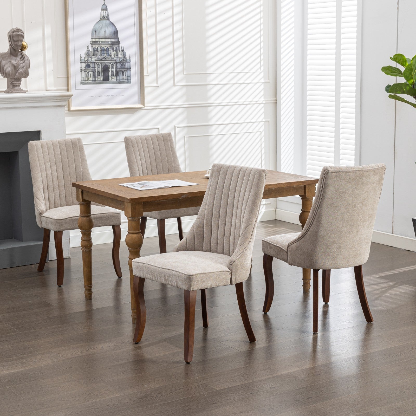 Set of 2 Beige Dining Chairs | Channel Upholstered Accent Chairs with Solid Wood Legs