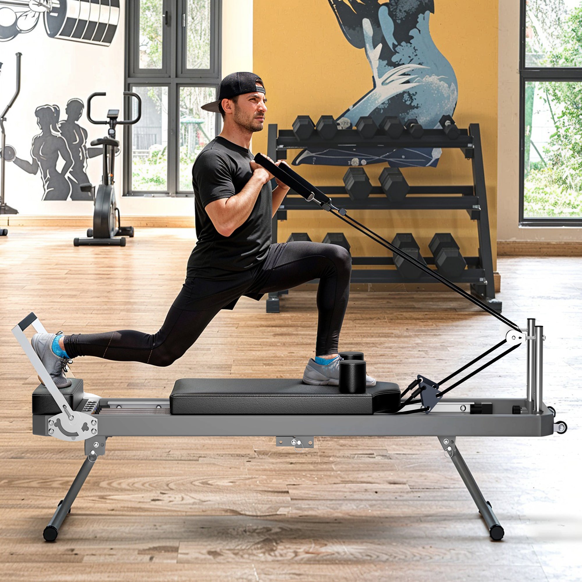 Extra Large Pilates Reformer – Multifunctional Home Fitness Machine with Resistance Cords & Aerobic Rebounder, 395lbs Capacity, Black