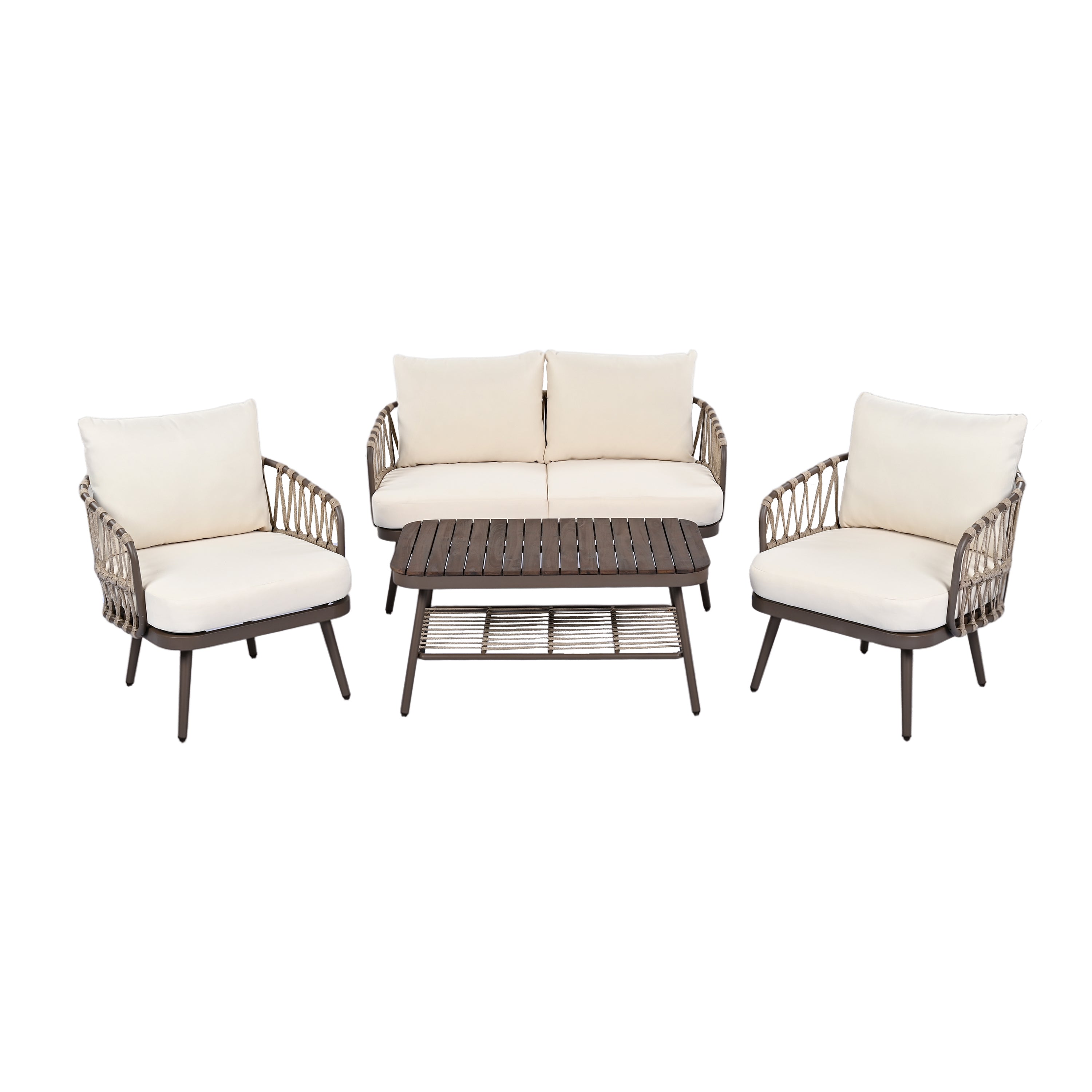 4-Piece Outdoor Patio Furniture Set – Metal Chairs with Woven Rope U-Shaped Backrest & Coffee Table | Brown & Beige Conversation Set for Garden, Poolside, Balcony
