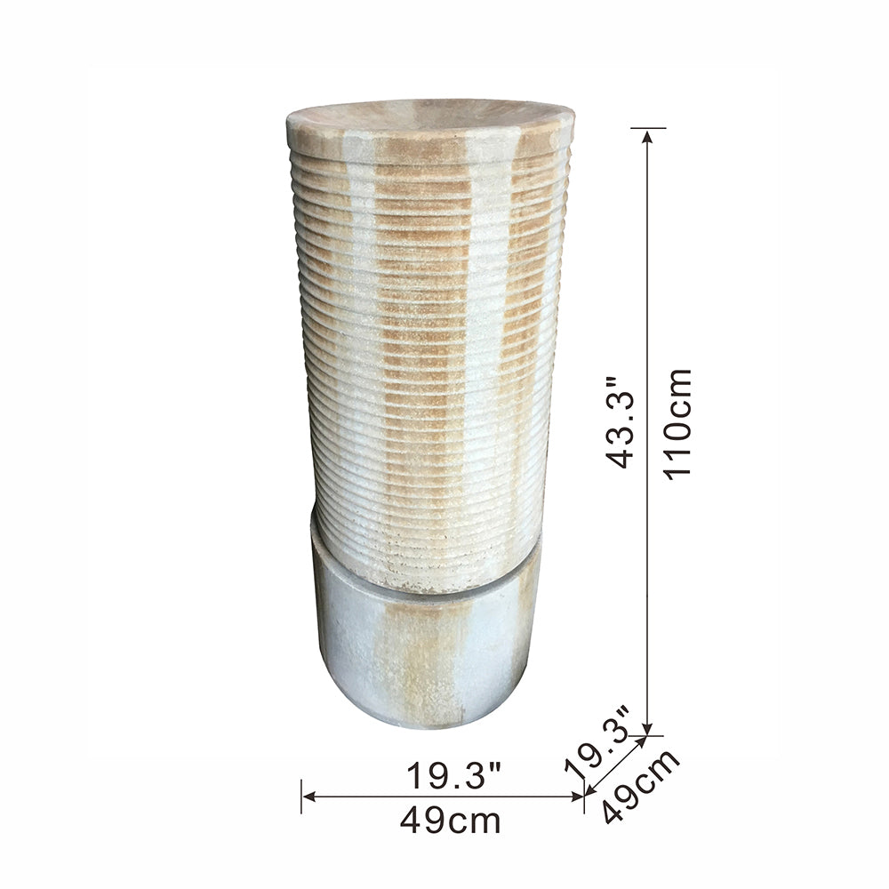 44' Tall Large Modern Cylinder Ribbed Tower Water Fountain, Contemporary Antique Finish Outdoor Bird Bath Concrete Fountain