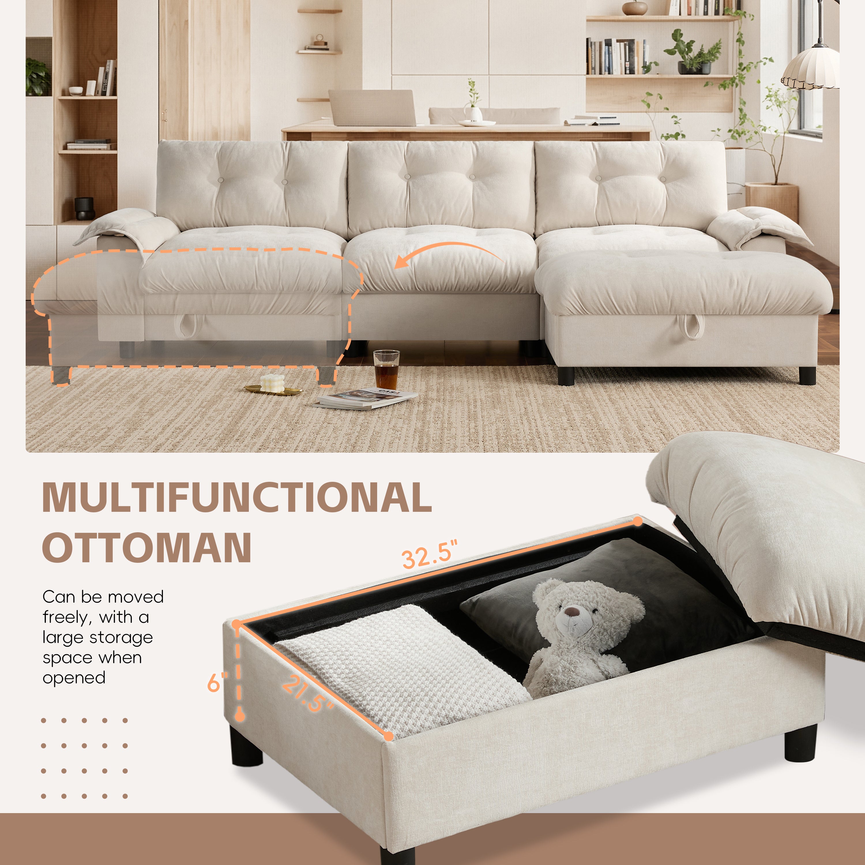 104" L-Shape Sectional Sofa | Modern Couch with USB, Storage & Ottoman