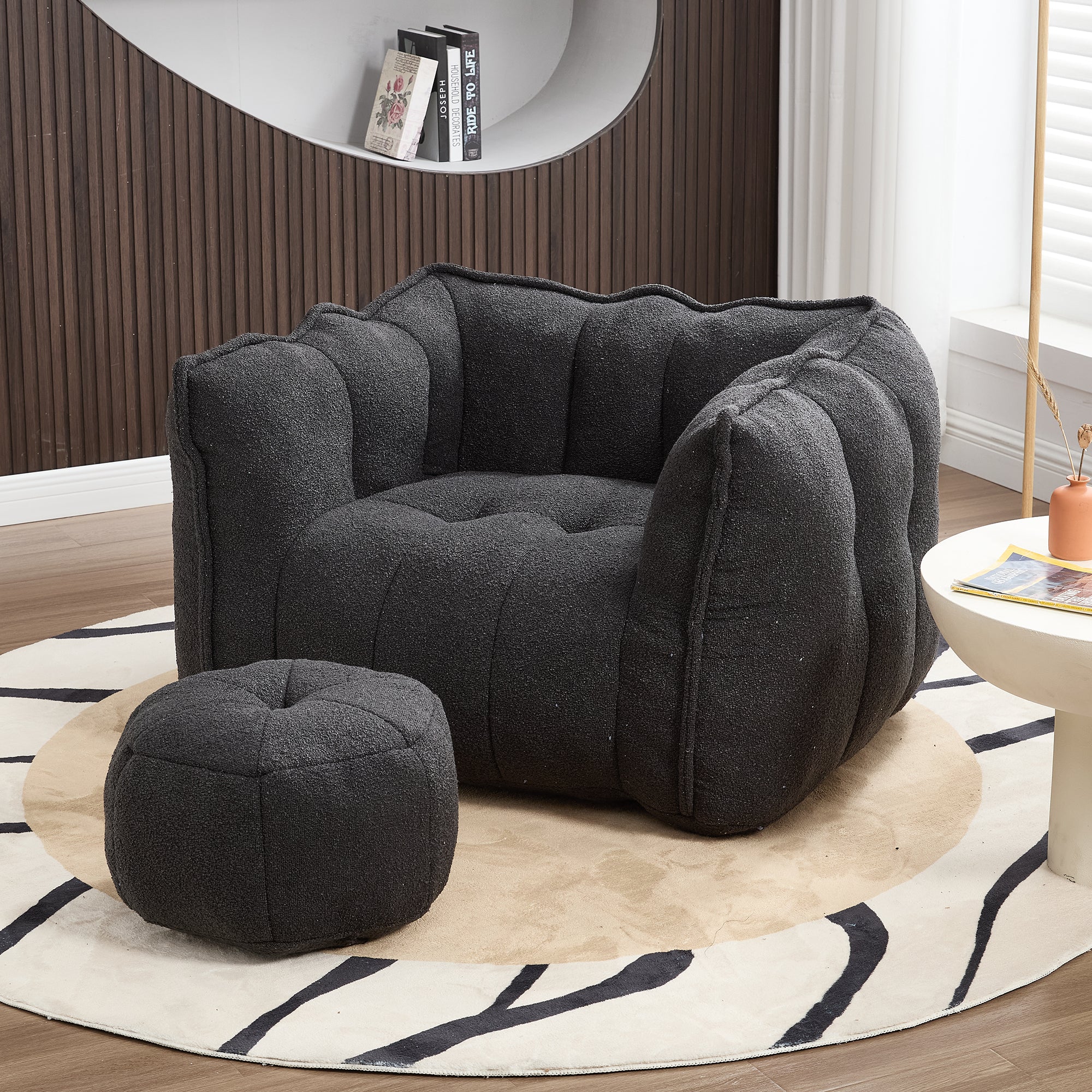 Soft Chenille Bean Bag Chair with High Resilient Foam for Living Room and Bedroom, Comfortable Square Lazy Sofa with Footstool for Adults