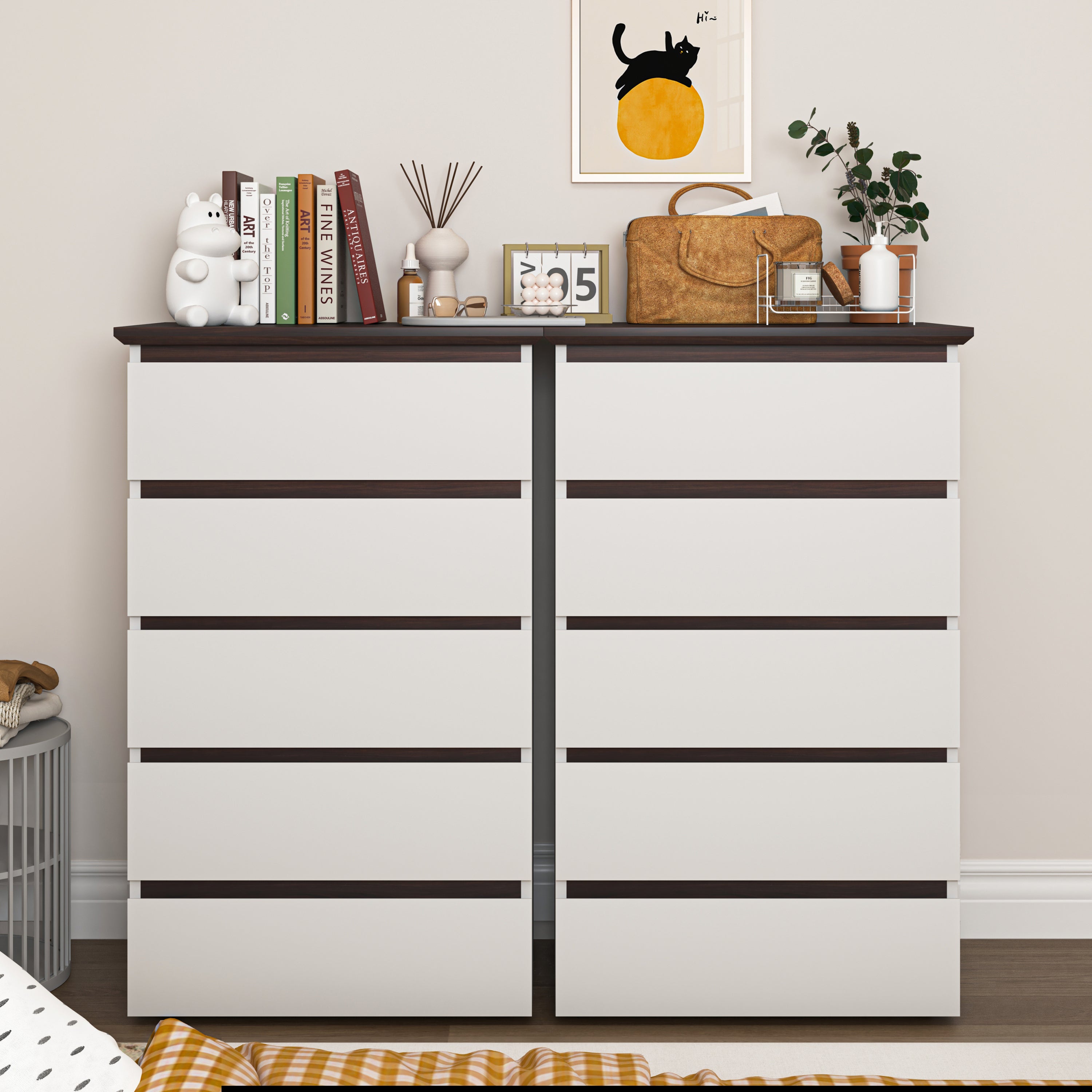 5-Drawer Dresser for Bedroom, Modern Closet Dressers Chest of Drawers, White and Walnut Storage Dresser Chest Cabinet Organizer Unit