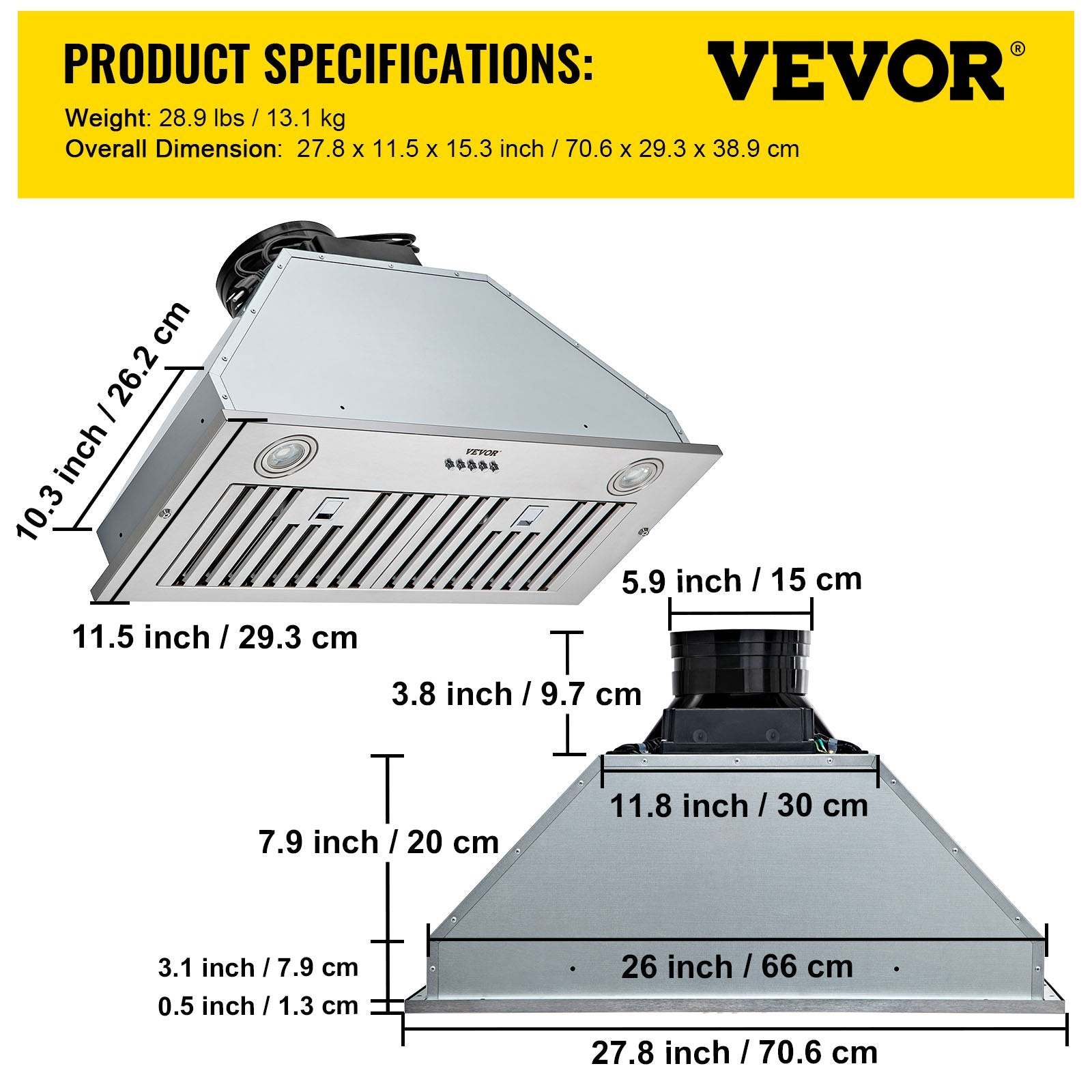  30 Inch Insert Range Hood | 800 CFM Stainless Steel Built-in Kitchen Vent | Ducted/Ductless Convertible