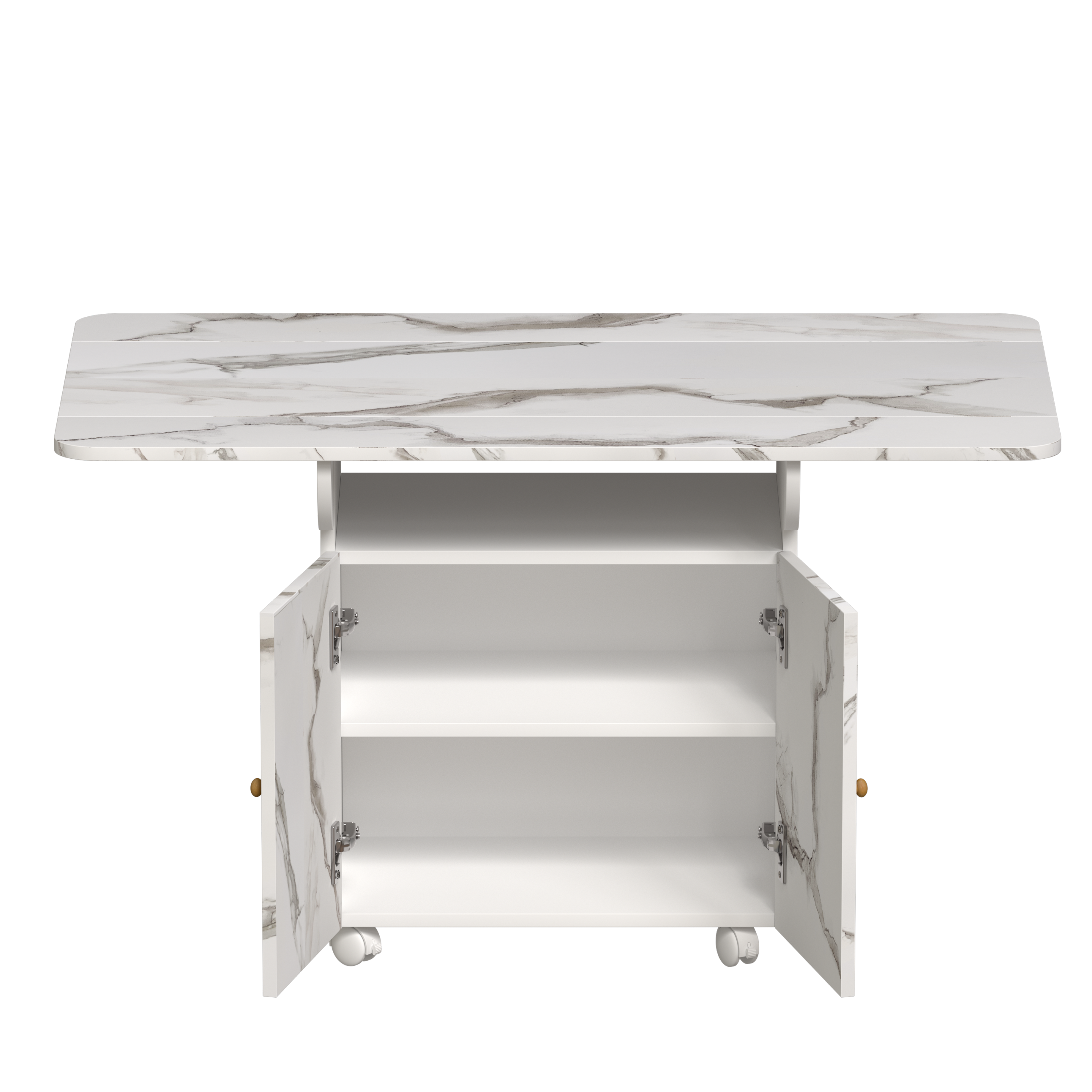 47" Wood Folding Dining Table with Storage Rack and Cabinet, Removable Entryway Table on 6 Wheels, White Marble Kitchen Island, Side and Coffee Table, Space-Saving Versatile Design
